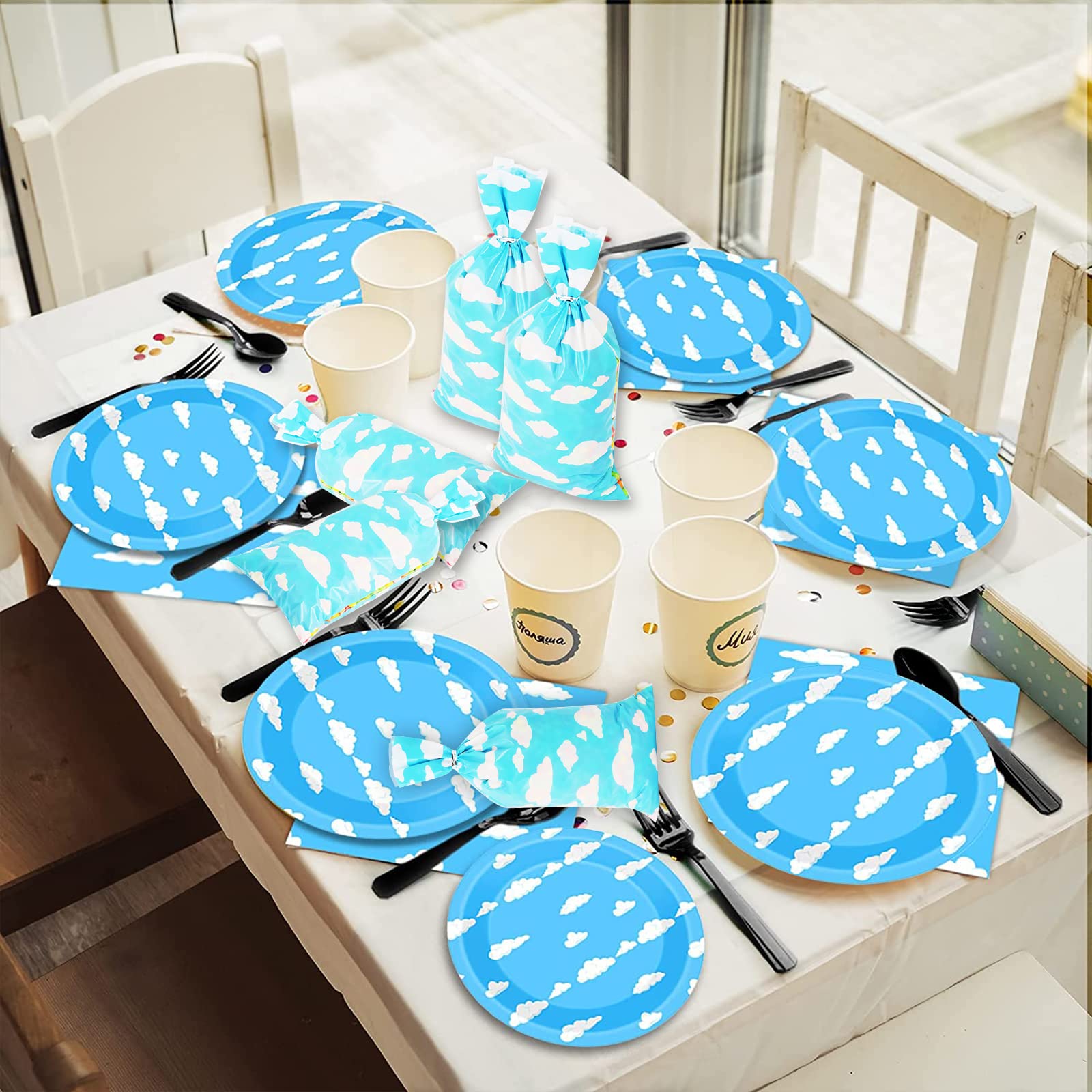 Lecferrarc 100 Pcs Blue Sky White Clouds Treat Bags White Clouds Print Cellophane Candy Bags Cartoon Story Party Favors with Twist Ties for Birthday Party Baby Shower Supplies