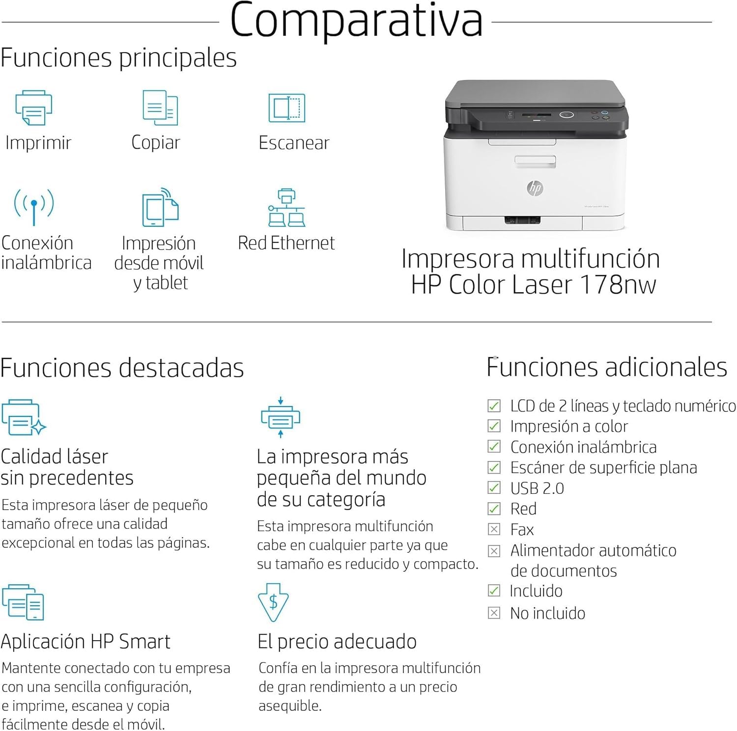 HP Color Laser MFP 178nw 4ZB96A - Impresora Láser Color Multifunción Wi-Fi, Imprime, Escanea y Copia, Ethernet, USB 2.0, Smart App, Panel LCD, Blanca y Gris