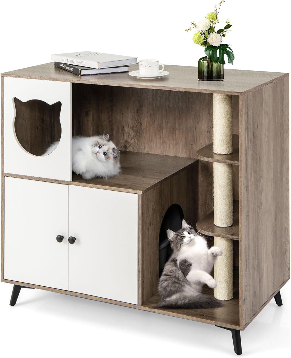 PETSITE Cat Litter Box Enclosure, Multifunctional Hidden Litter Box with Sisal Scratching Posts, Cat Condo, Litter Box Cabinet Furniture with 5 Metal Supporting Legs and Multiple Storage Space