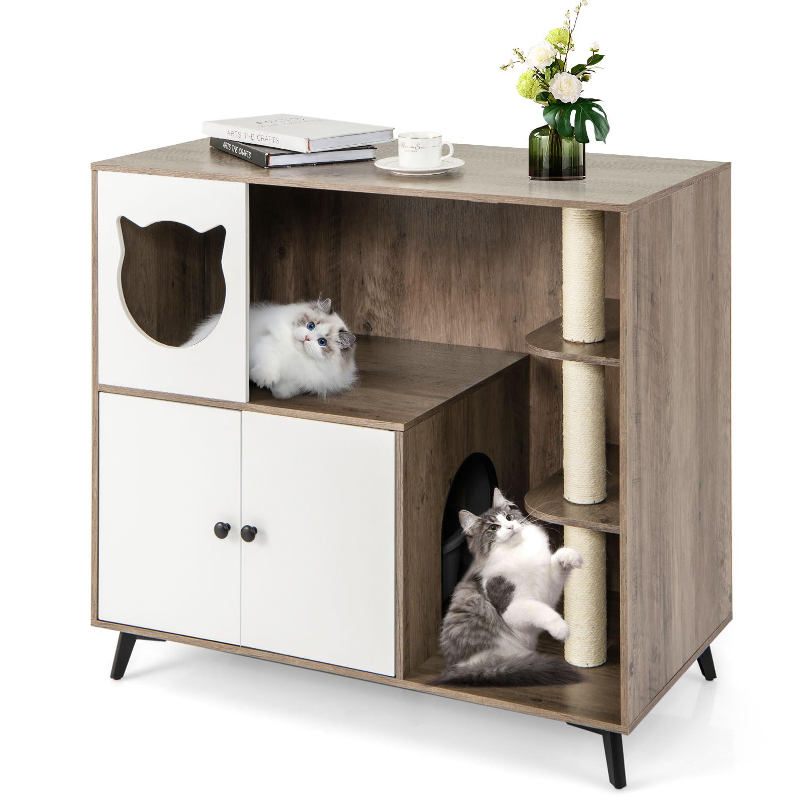 COSTWAY Mueble Arenero para Gatos con 3 Postes Rascadores de Sisal, Condominio para Gatos, Mueble para Caja de Arena 5 en 1 con Baño Oculto para Gato, Carga 30 kg, Gris y Blanco
