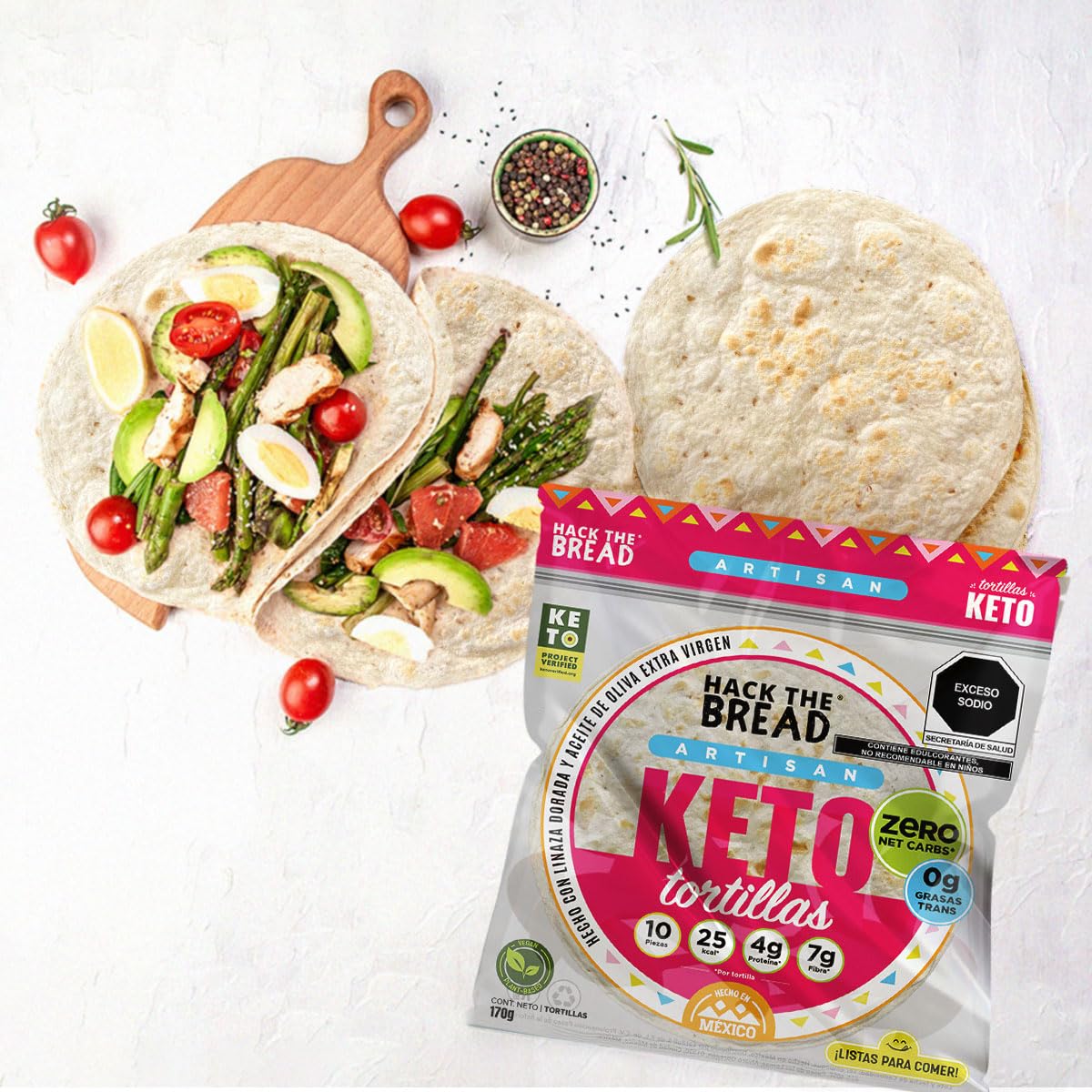 Hack The Bread® Keto Tortillas, Zero Carbohydrates, Sugar Free - 25 Calories, 4 g Protein, 7 g Fiber - 4 Pack