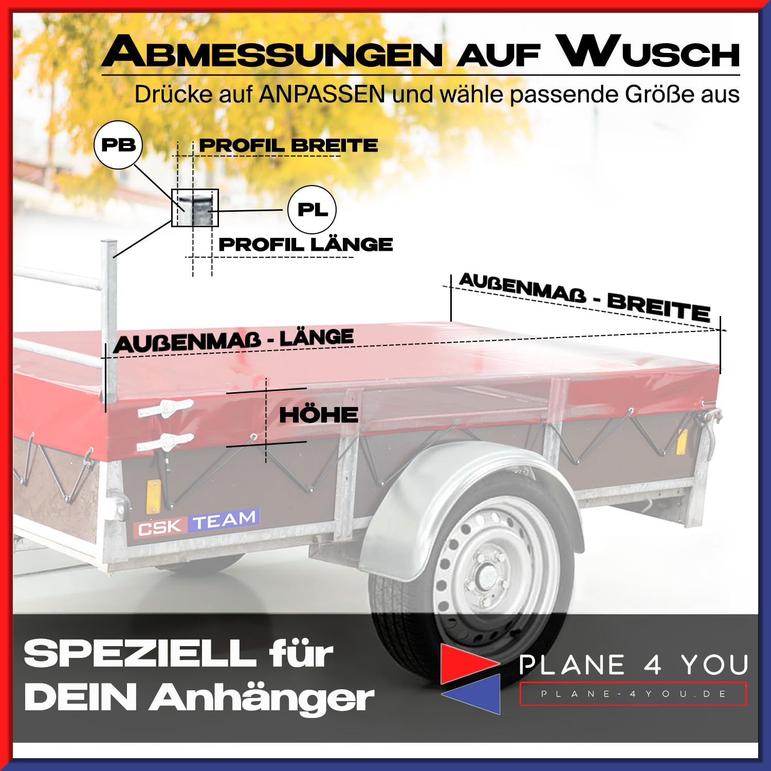 Anhängerplane für Saris Anhänger, Nach Maß | Hochwertige, Wasserdichte PVC Abdeckplane, Personalisiert