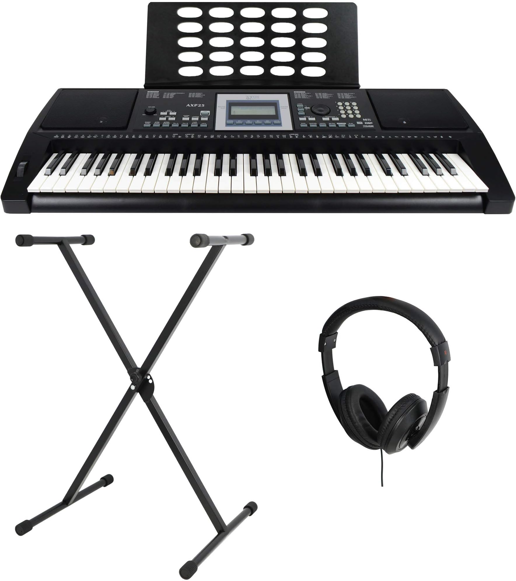Axus Digital AXP25PK 61 Key Touch Sensitive Portable Keyboard Package with Keyboard Stand, Headphone and Power Supply