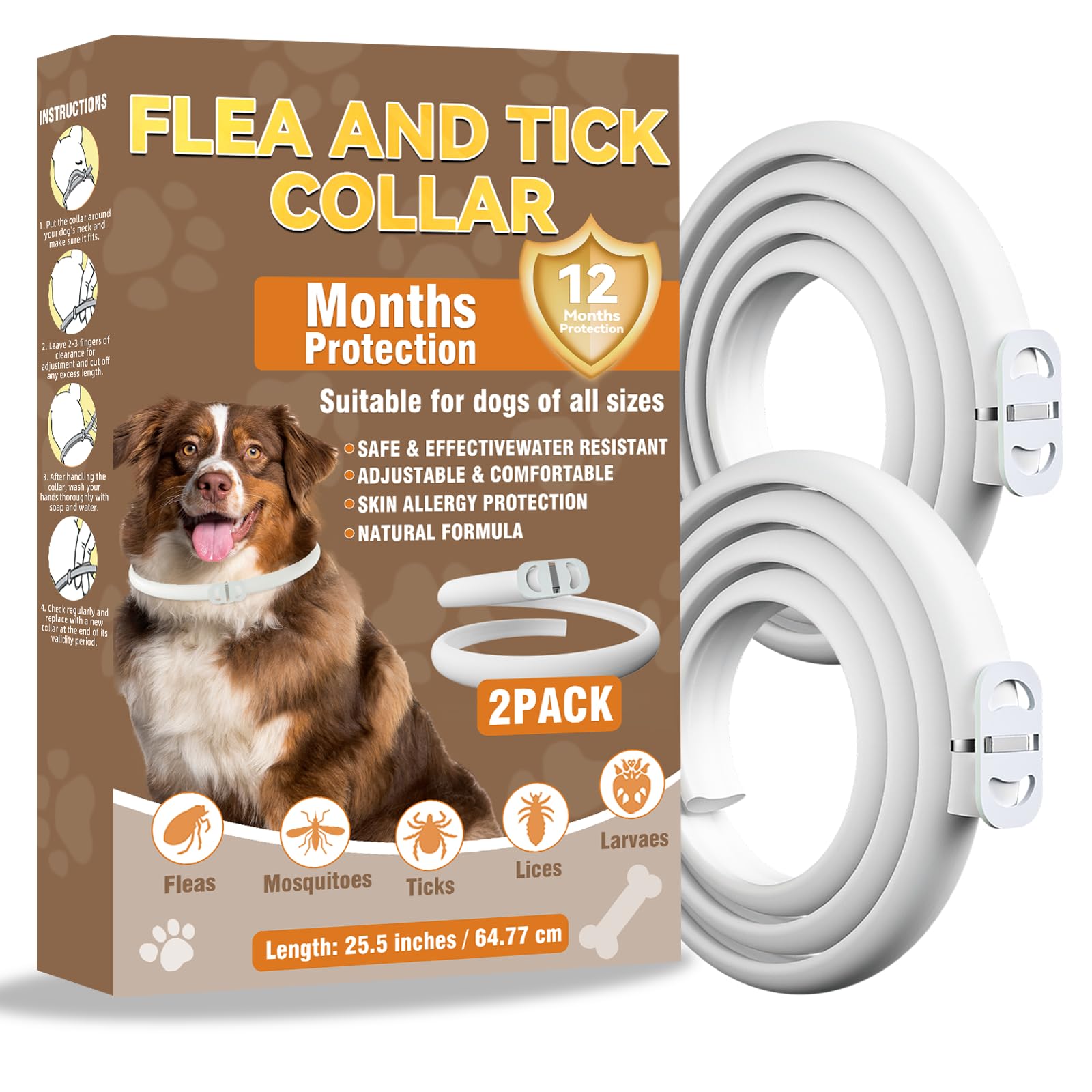 Inpumo Collar Antiparasitario para Perros, Collar Antipulgas y Garrapatas, Apto para Todos los Tamaños, Fórmula Natural Segura, Material Impermeable, Dura 12 Meses (2)