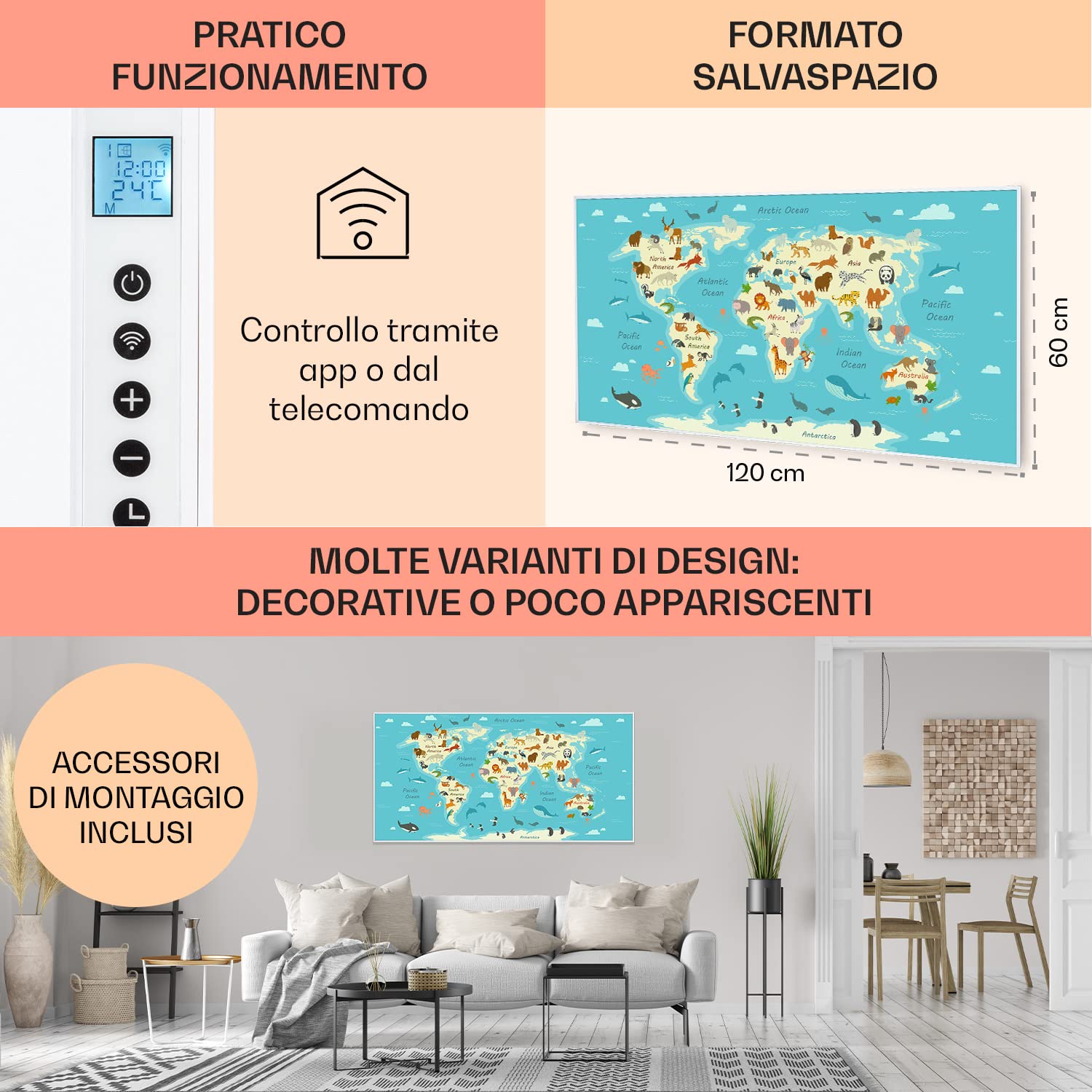 Klarstein Air Art Smart Stufa Elettrica Basso Consumo, Termoconvettore Elettrico da Parete 700W con Controllo IoT/WiFi App, Termosifone Elettrico a Muro, Pannello Radiante Infrarossi, Senza CO2