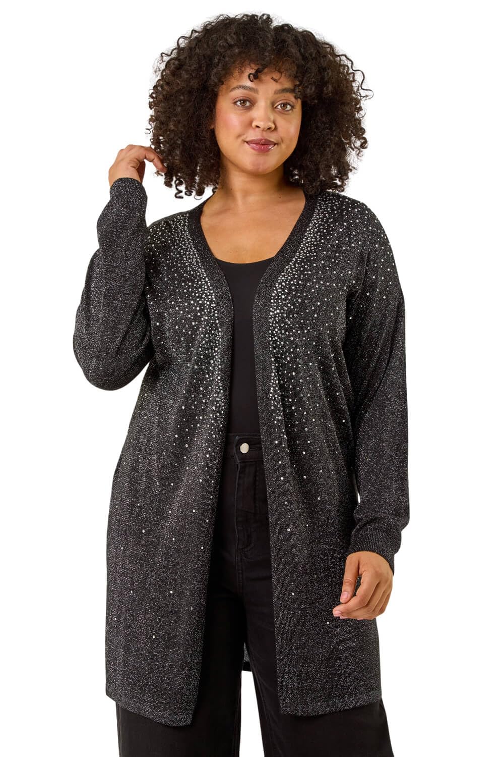 Roman Women's Black Curve Hotfix Longline Knit Cardigan In | Size: 22/24