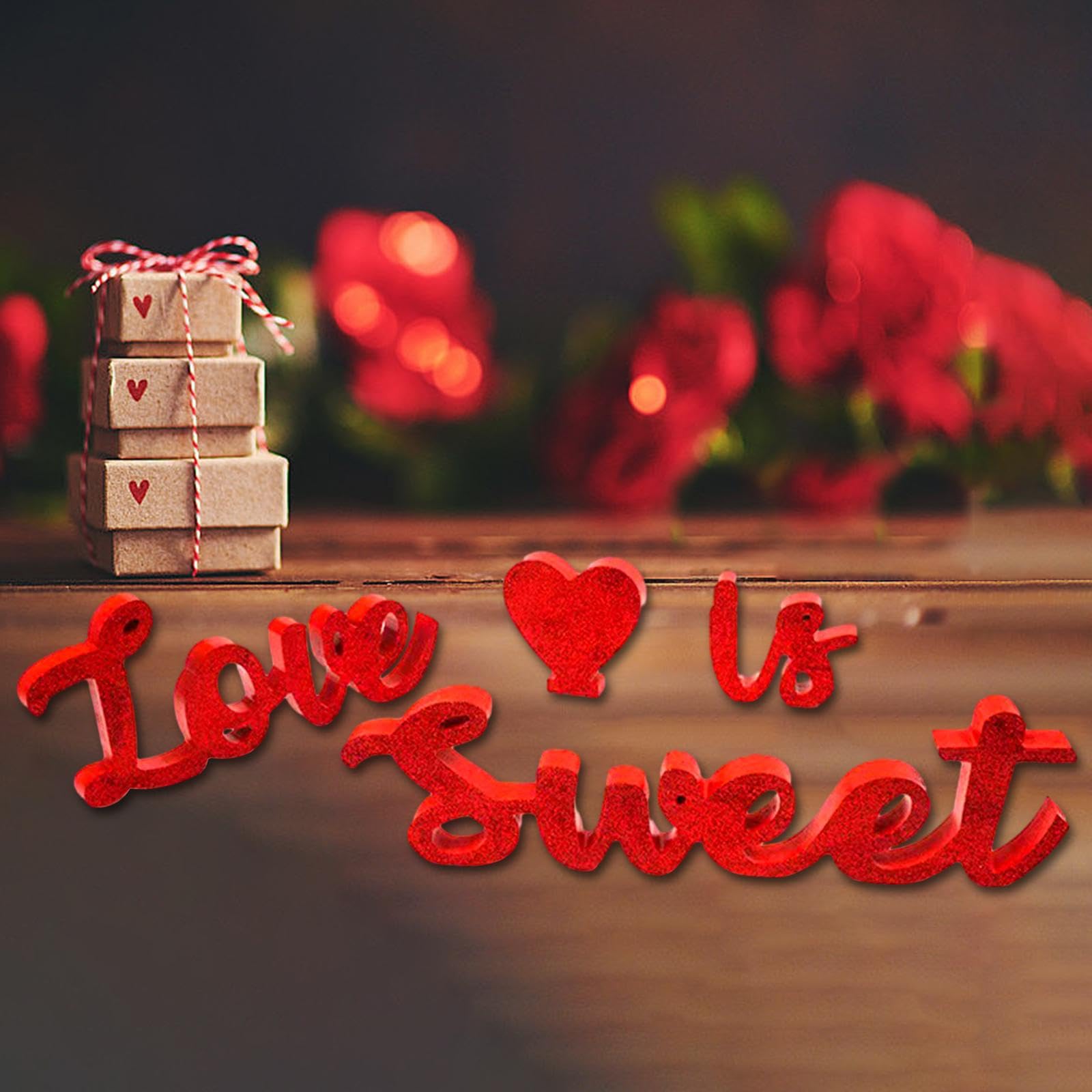 Qianly Cartello in Legno con Scritta Love IS Sweet per, Decorazione da Tavolo con Stampa, Accessori per Foto di Fidanz, Rosso