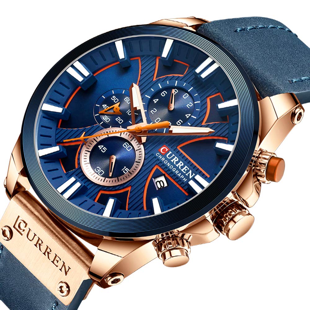 CURREN Mens Watches Chronograph Big Dial Male Watch Wrist Leather Waterproof Sport Army Military (rose gold blue)