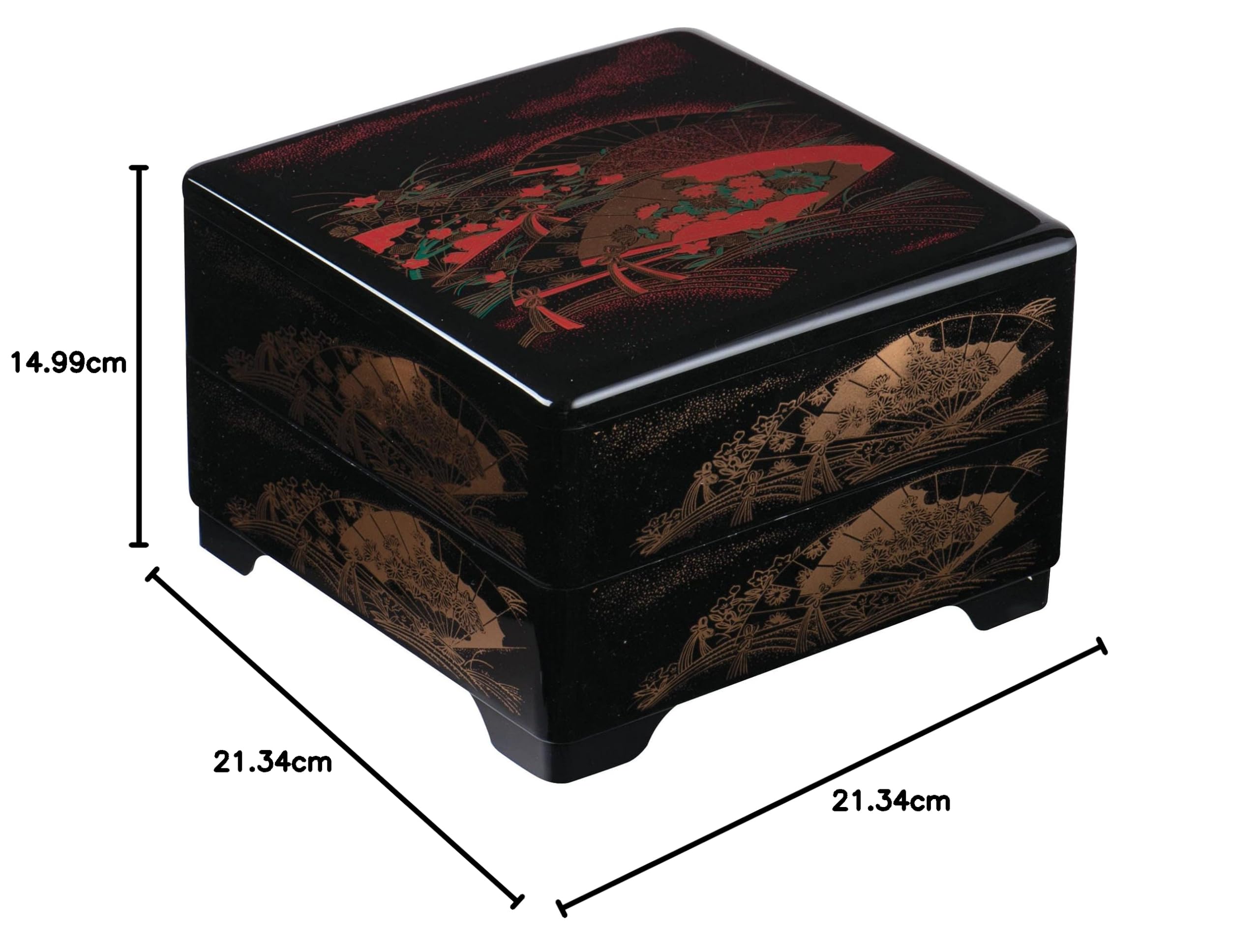 Boîte à bento japonaise traditionnelle Jyubako fabriquée au Japon, éventail doré, 21,3 x 21,3 x 15 cm