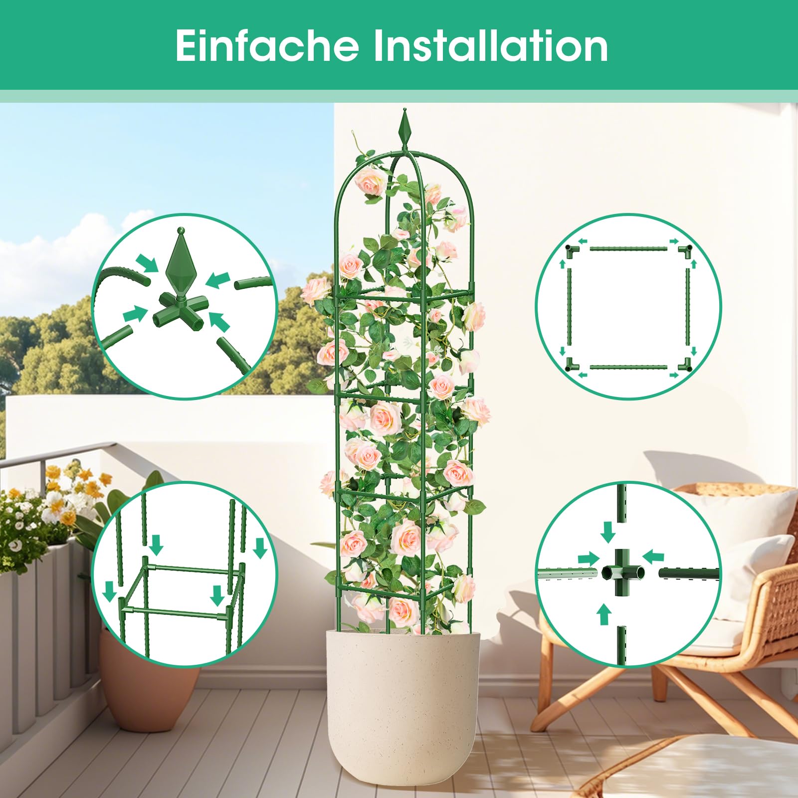 2er Set Garten Obelisk Rankgitter, 180 cm Rankhilfe Zimmerpflanzen, Pflanzturm Rostschutz Pulverbeschichtung, Rankhilfe Obelisk für Rosen Clematis Kletterpflanzen, Innen & Außen, Grün (4 Schichten)