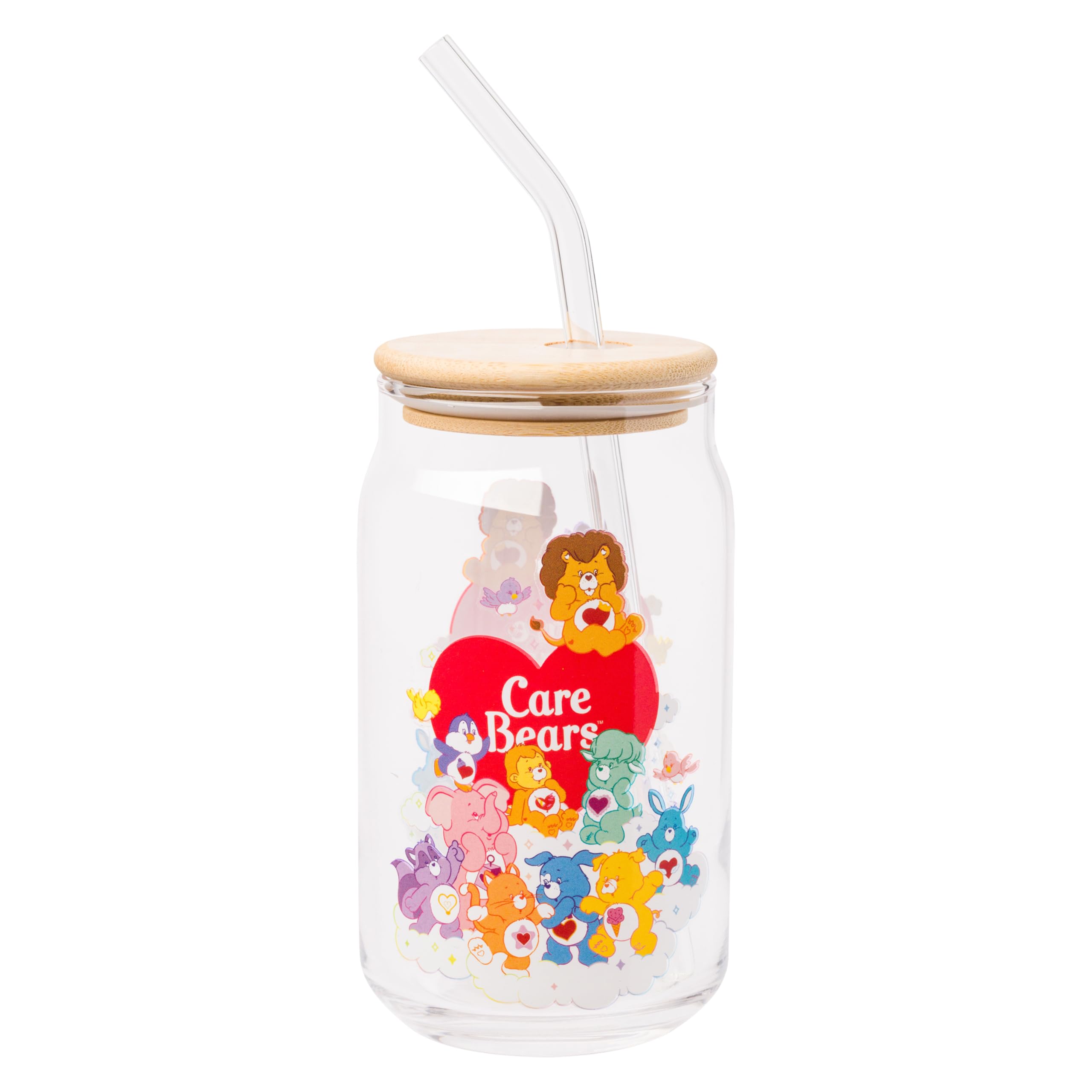 Silver Buffalo Care Bears Heart Cousins Brave Lion Playful Monkey Gentle Lamb Cozy Penguin Lotsa Elephant Bright Raccoon Proud Cat Loyal Dog Treat Pig Swift Rabbit Glass Jar Tumbler w Bamboo Lid, 16oz