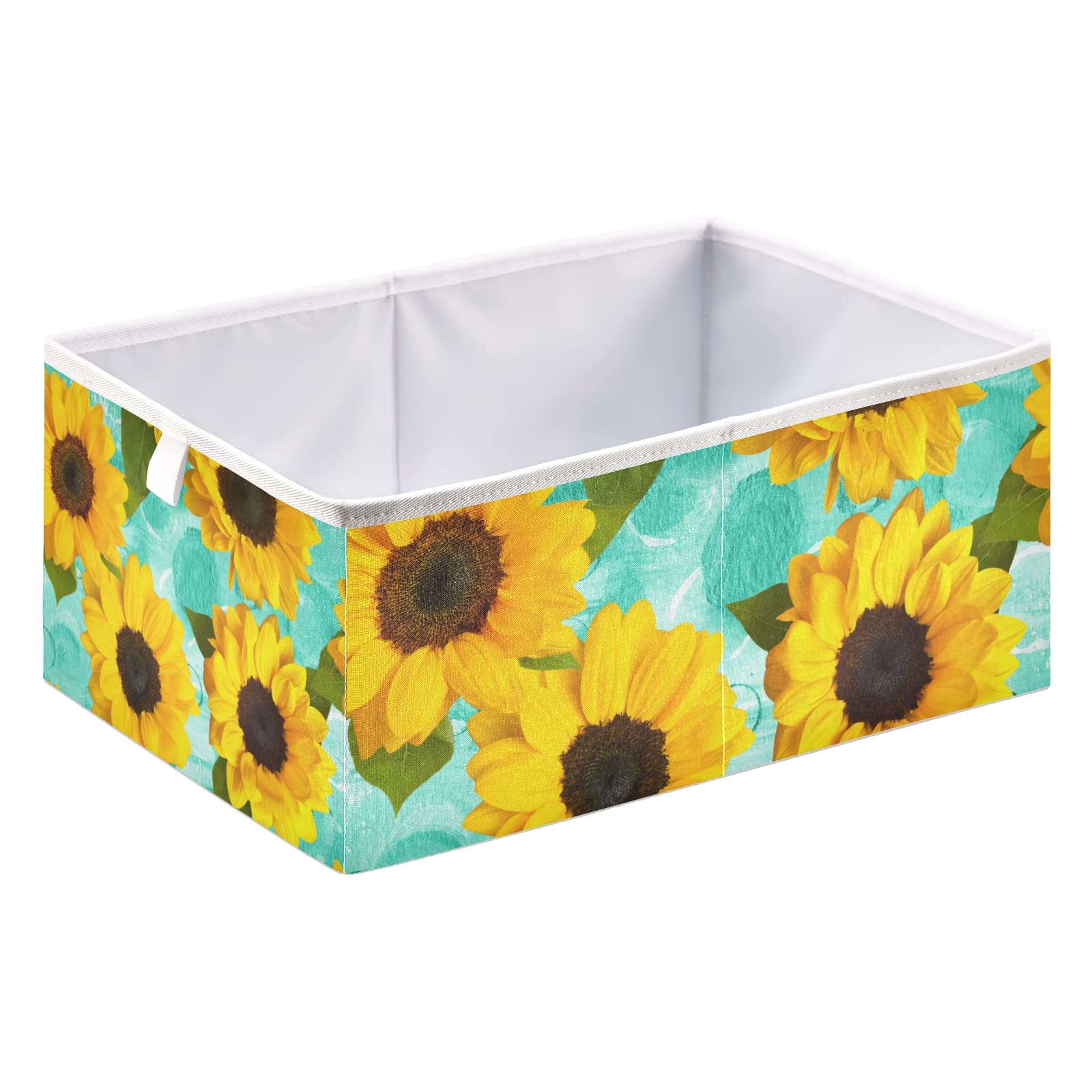 Oyihfvs Seamless Yellow Sunflowers on a Teal Blue Watercolor Texture Rectangle Foldable Cube Storage Basket Collapsible Fabric with Handles Organizer Clothes for Home Bedroom 15.7 x 10.6 x 7 in
