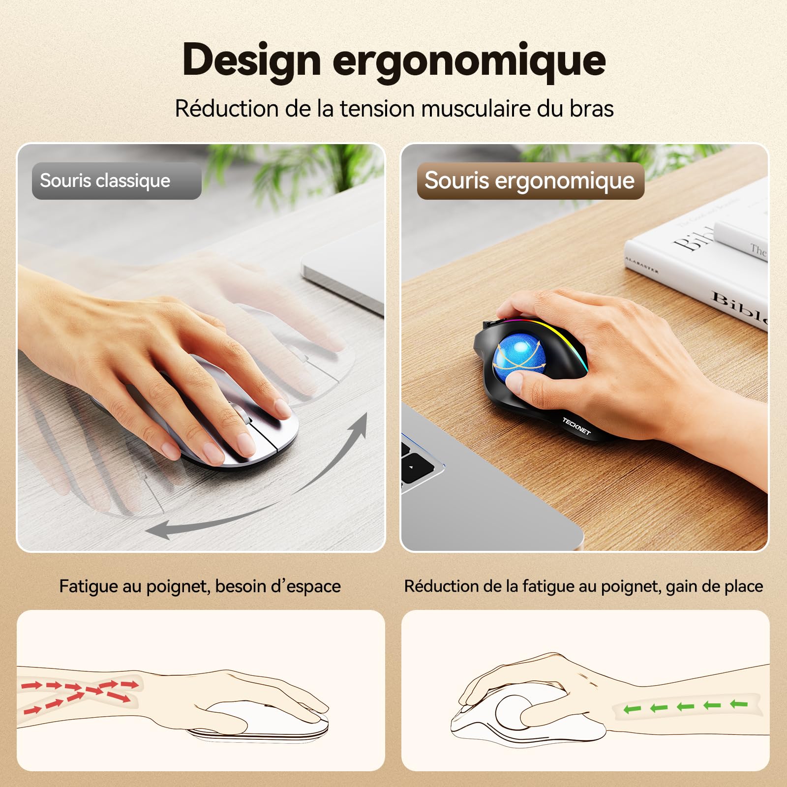TECKNET Trackball Souris sans Fil, Bluetooth et dongle crypté | Souris Ergonomique sans Fil, 6 Touches, Connexion à 3 appareils, éclairage RGB, Compatible avec PC/Mac, Bleu