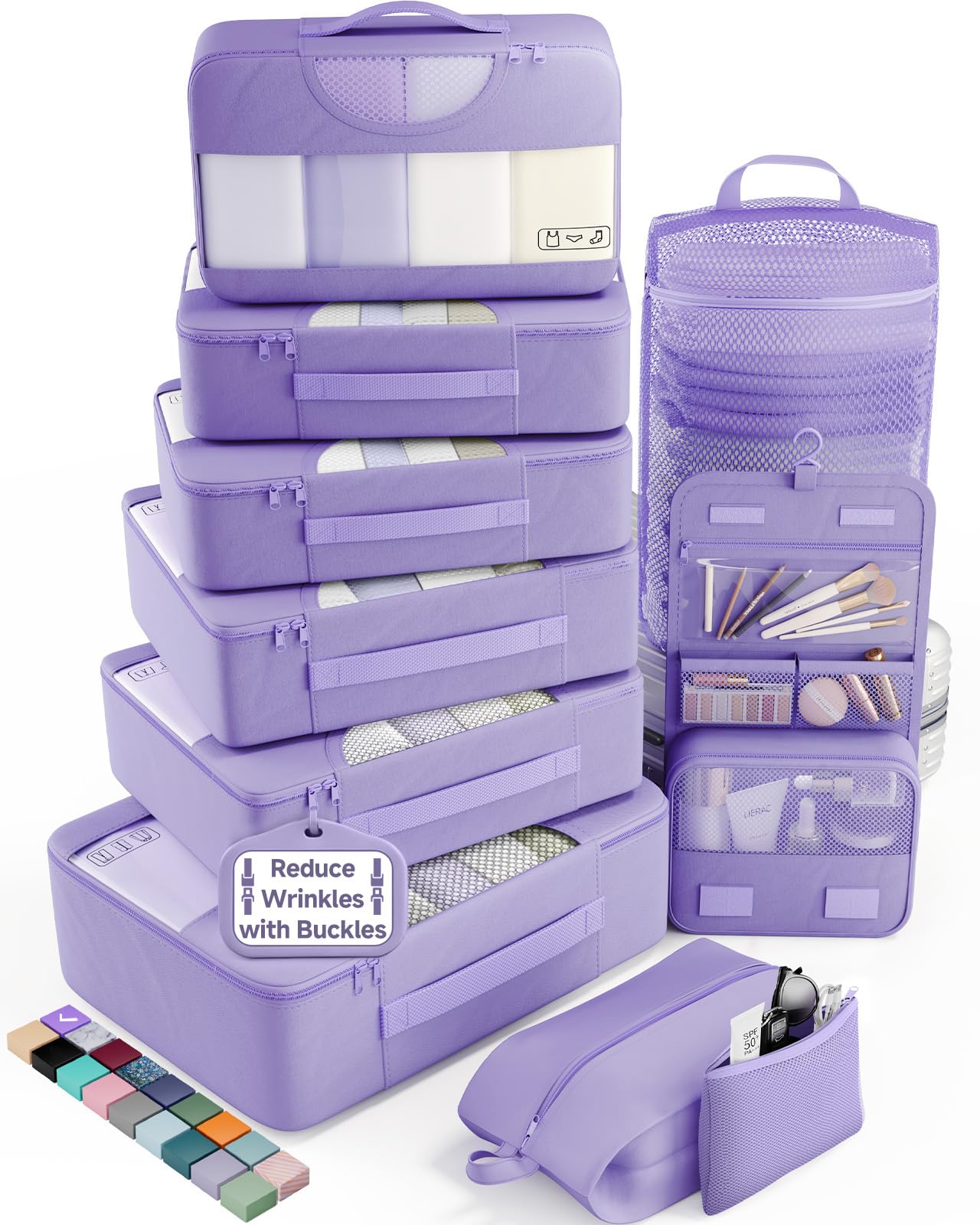 Veken 10 Set Packing Cubes for Travel Essentials,Anti-Wrinkle Buckled Suitcase Organizer for Shoe &amp; Toiletry Bag,Carry On Luggage Bag with 99+ Count Mesh Holes for Airplane &amp; College Dorm Accessories