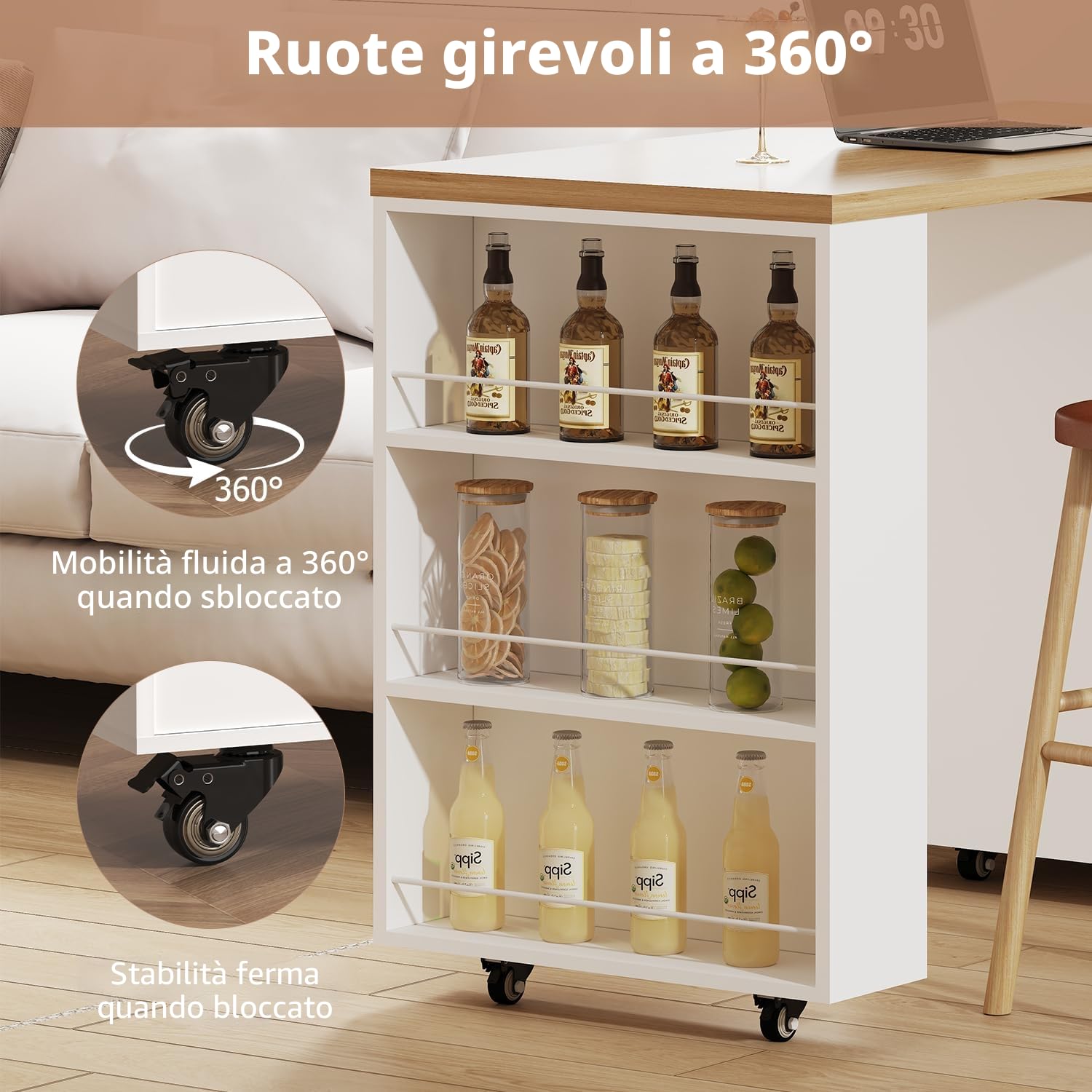 IBF Isola Cucina Indipendente Con Piano Di Lavoro Su 7 Ruote Armadio Cucina Carrello Cucina Isola Cucina Moderna Mobile Con Piano In Legno Girevole 360 Gradi E Cassetto Bianco 184 cm