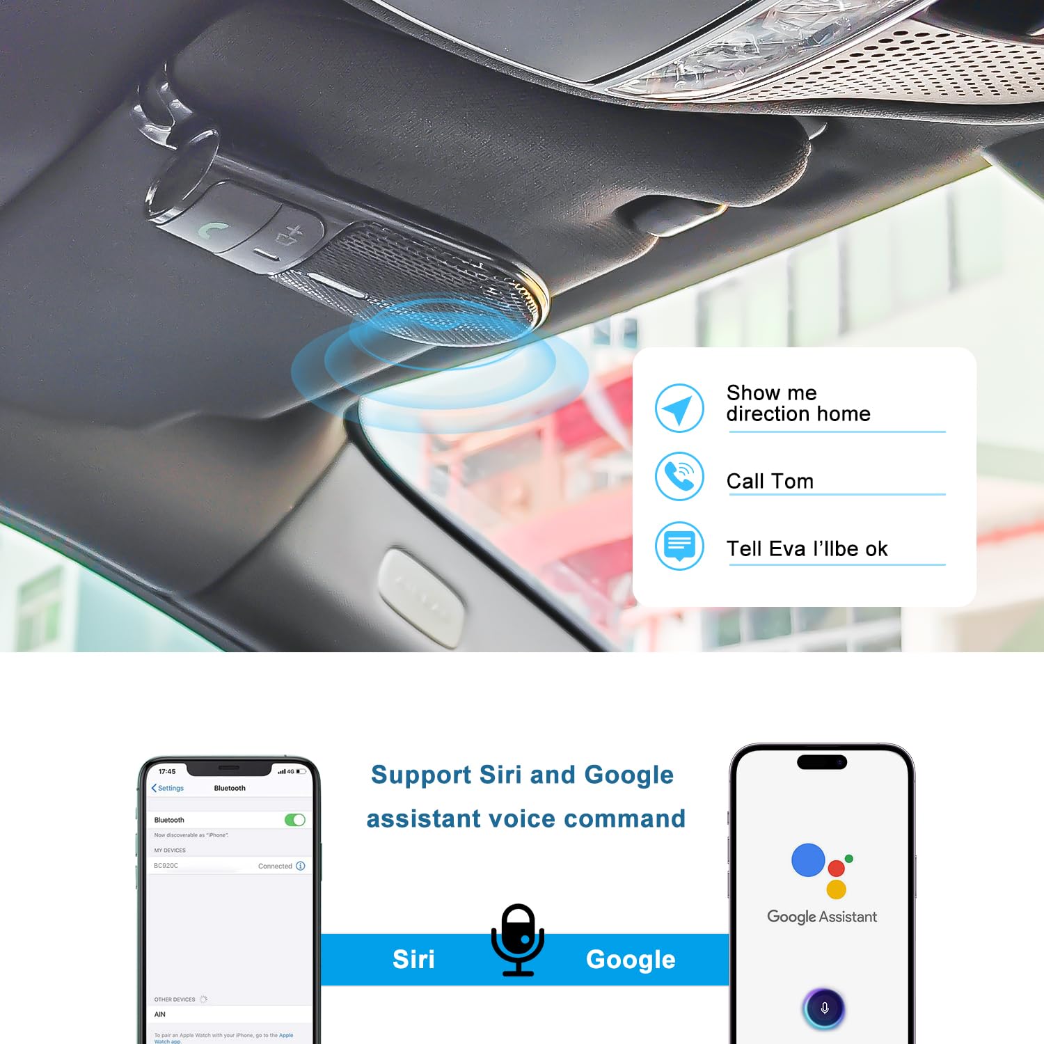 Kit vivavoce Bluetooth 5.3 per auto, altoparlante per auto, kit vivavoce per parasole, doppio telefono, supporto Siri Assistant con microfono auto Power On compatibile con Samsung iPhone Android