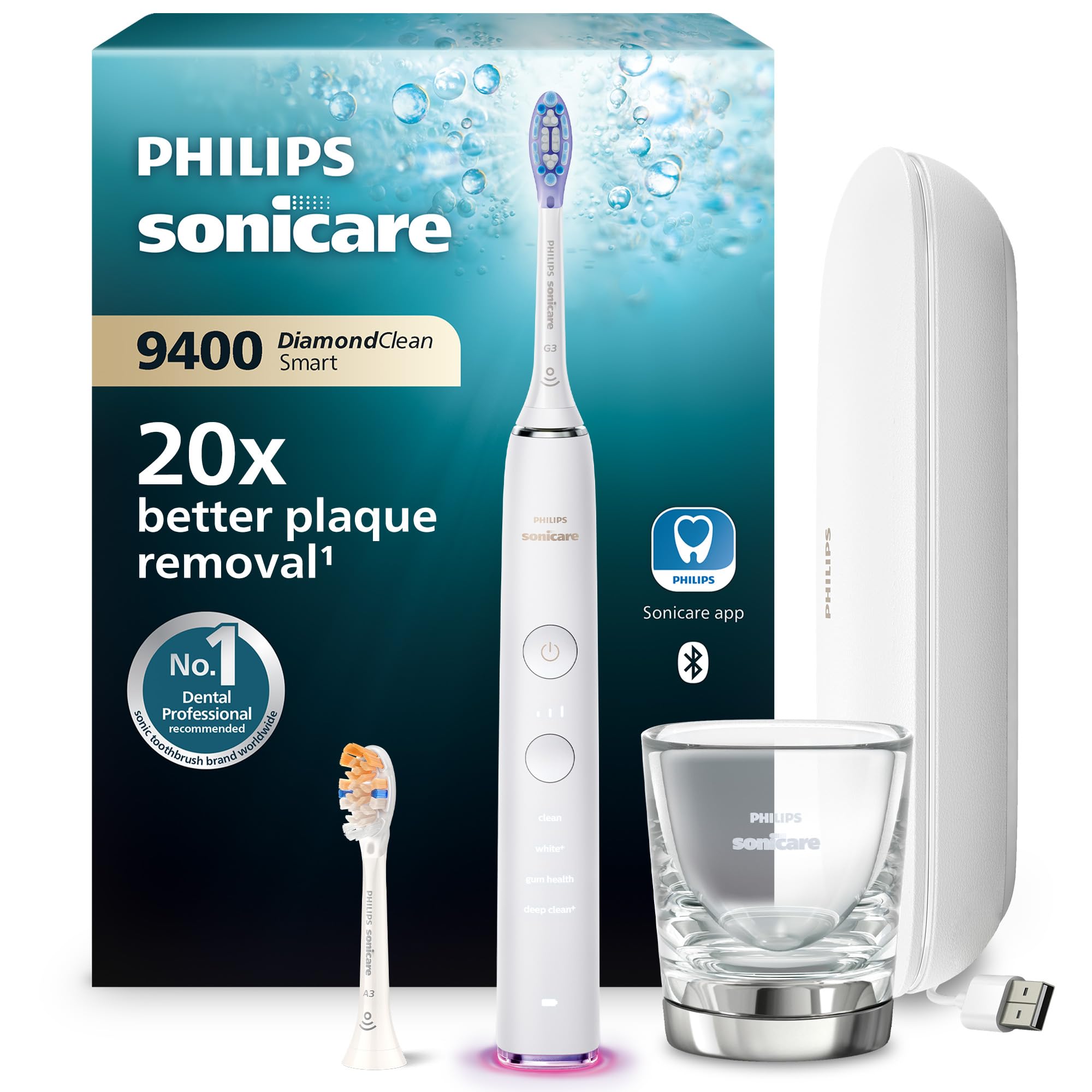 Philips DiamondClean Smart 9400 Sonicare Spazzolino Elettrico Sonico Bianco con App, con custodia da viaggio HX9917/88