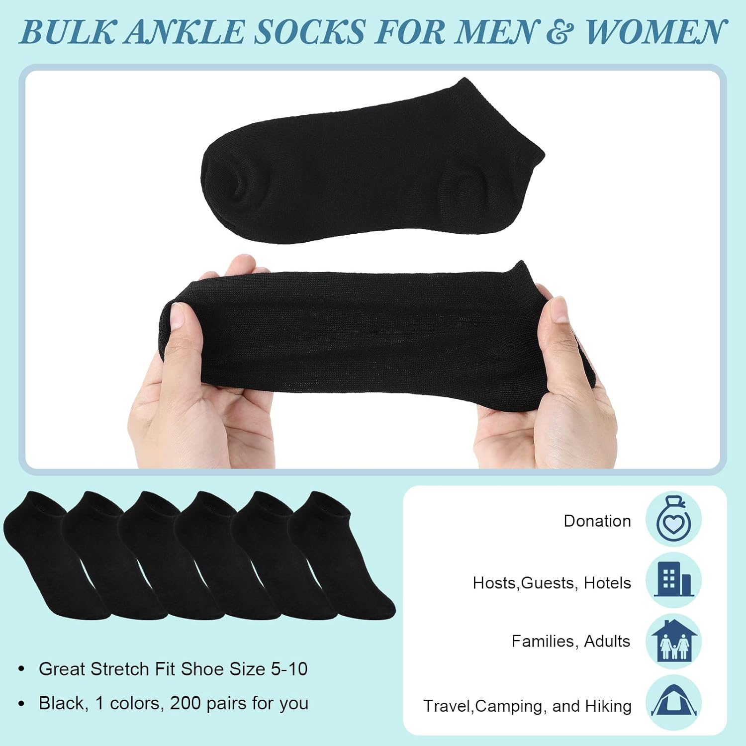 Tarpop 200 Pairs Low Cut Ankle Socks Bulk for Women Men Thin Breathable Casual Socks Pack for Unisex Homeless Charity Event