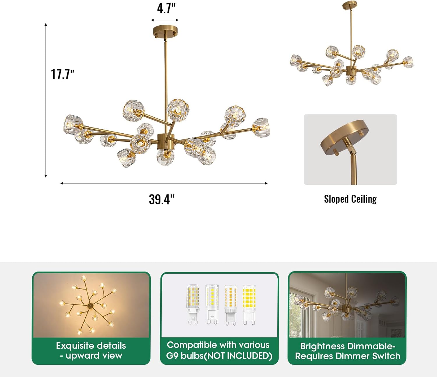 Mid Century Modern Gold Sputnik Chandeliers for Dining Room Light Fixture, 15-Light Crystal Chandelier for Living Room Kitchen Island Bedroom, Dia 39.4"