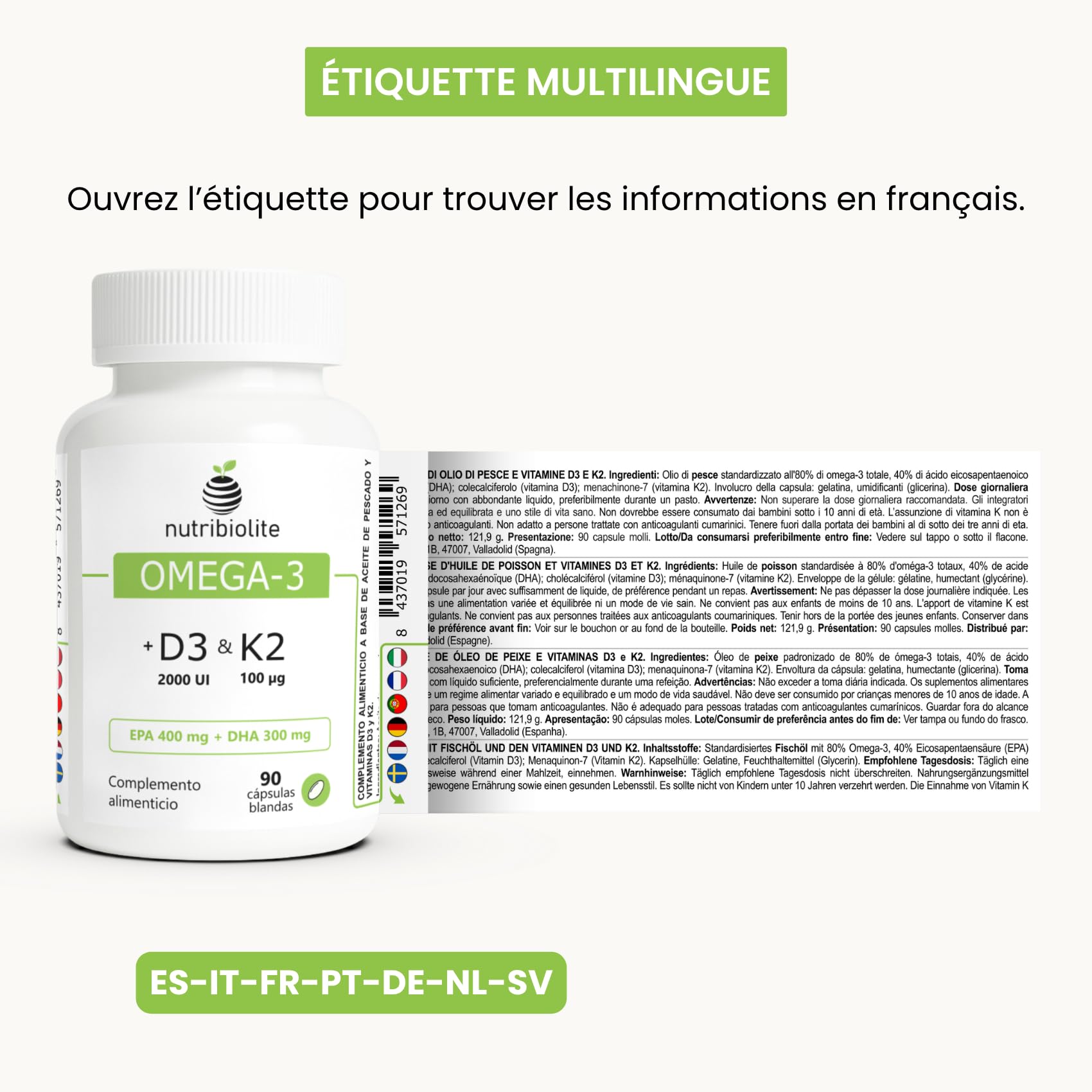 Omega 3 D3 K2 - Huile de Poisson 1000 mg - 80% d’Oméga 3 en triglycérides TG (EPA 400 mg + DHA 300 mg) + Vitamine D3 2000 UI et K2 MK-7 All-Trans 100 mcg - 90 capsules molles - 3 mois | Nutribiolite