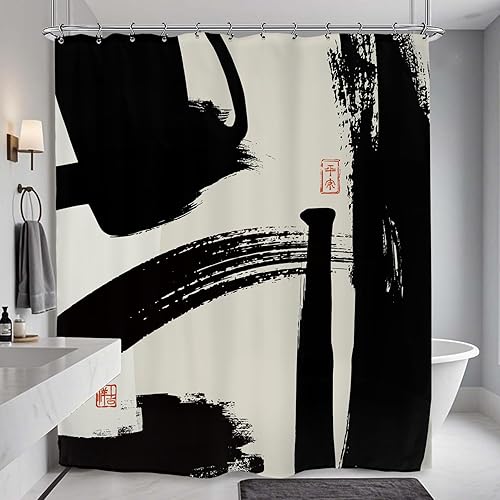 Abstract Black White Shower Curtain 60Wx72L Inch Brushstroke Modern Minimalist