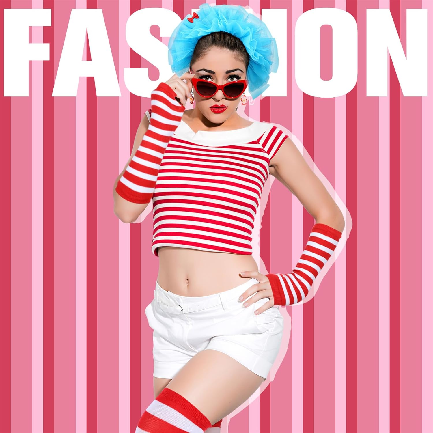 8 Pcs Women Blue Tulle Tutu Costume Set Include Red White Striped Socks Tulle Headbands Arm Warmers for Cosplay - Image 6