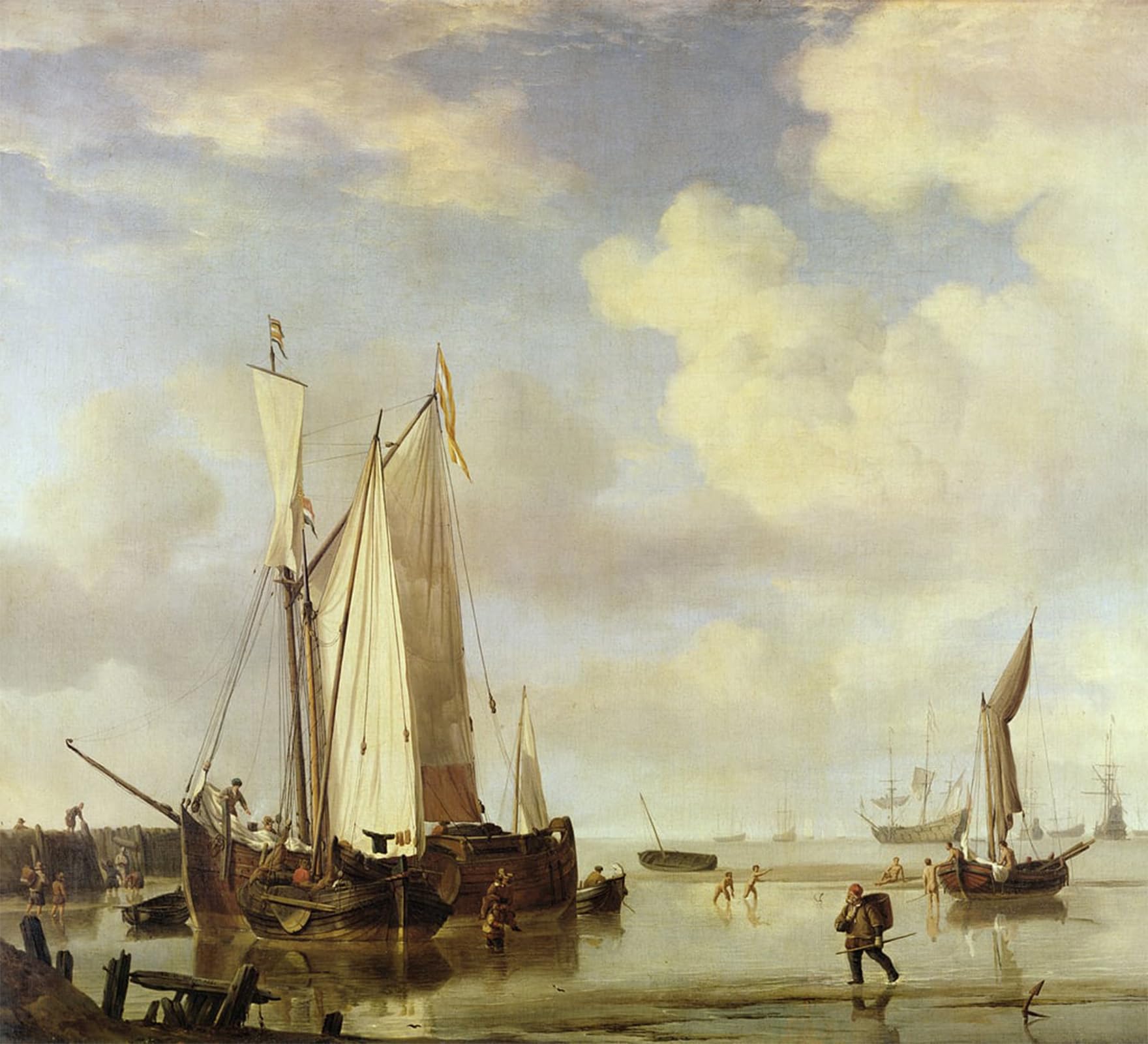 ARTXLXXBN Famous Painting Canvas Artwork Graffiti Print Dutch Vessels Inshore and Men Bathing by Willem Van De Velde the Younger Portrait Canvas Image for Home Decor 60x90cm