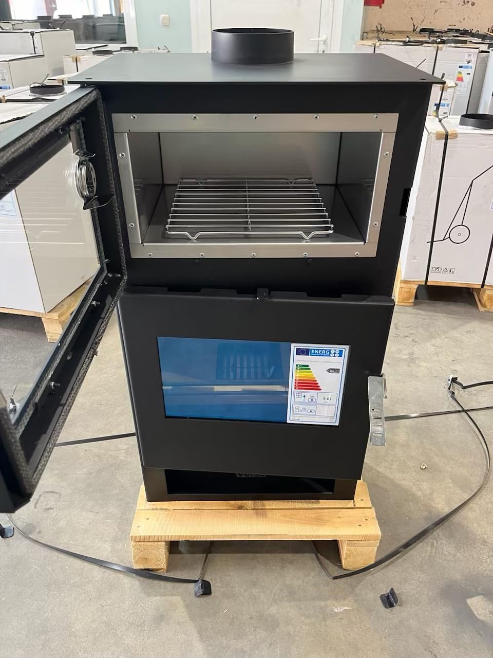 Poêle à bois classe A+ avec compartiment de cuisson - En acier inoxydable Verso F - 9 kW - Four à bois multiusage