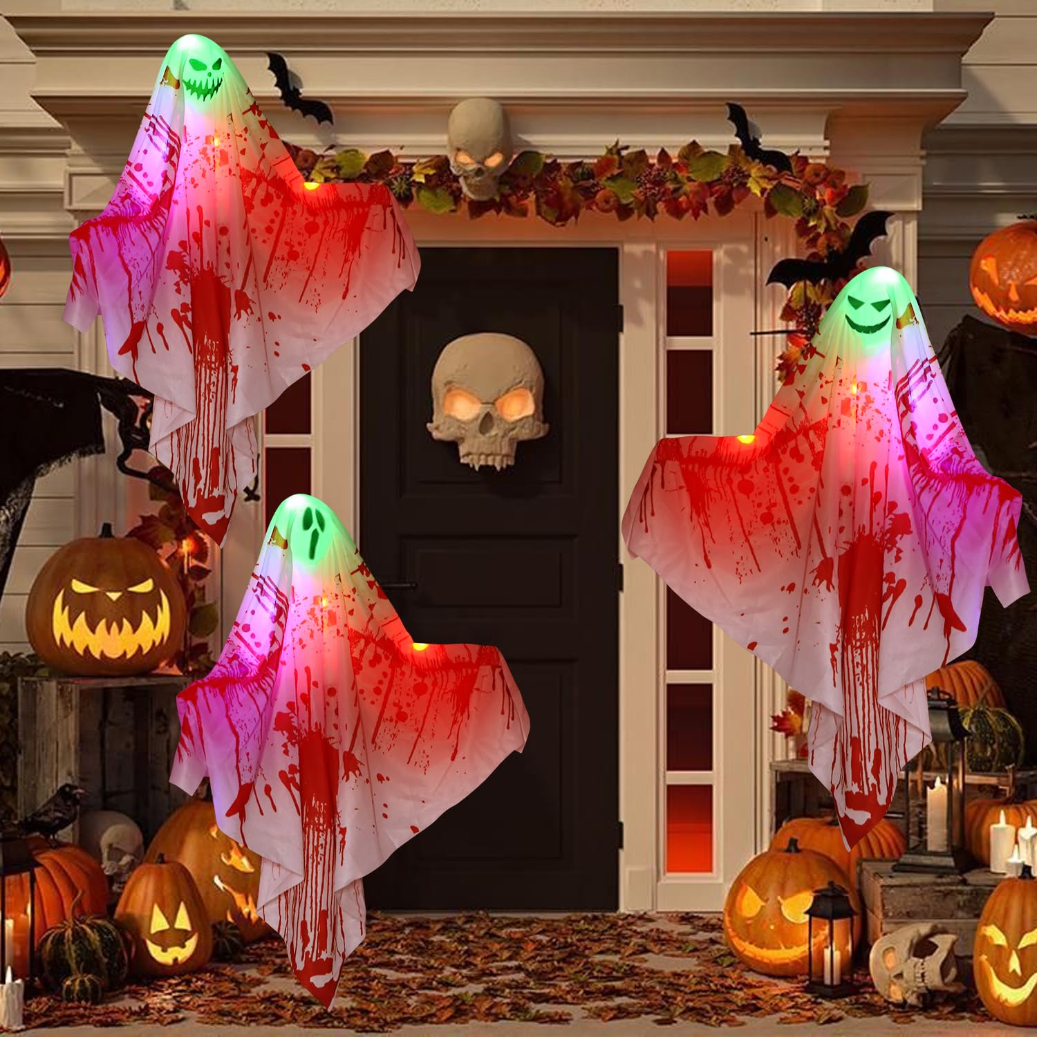 2 Stück Halloween Hänge Geist Mit LED Lichtern, Gruselige Windsack, Hängende Dekorationen für Vorgarten, Terrasse, Rasen, Garten, Partydekor