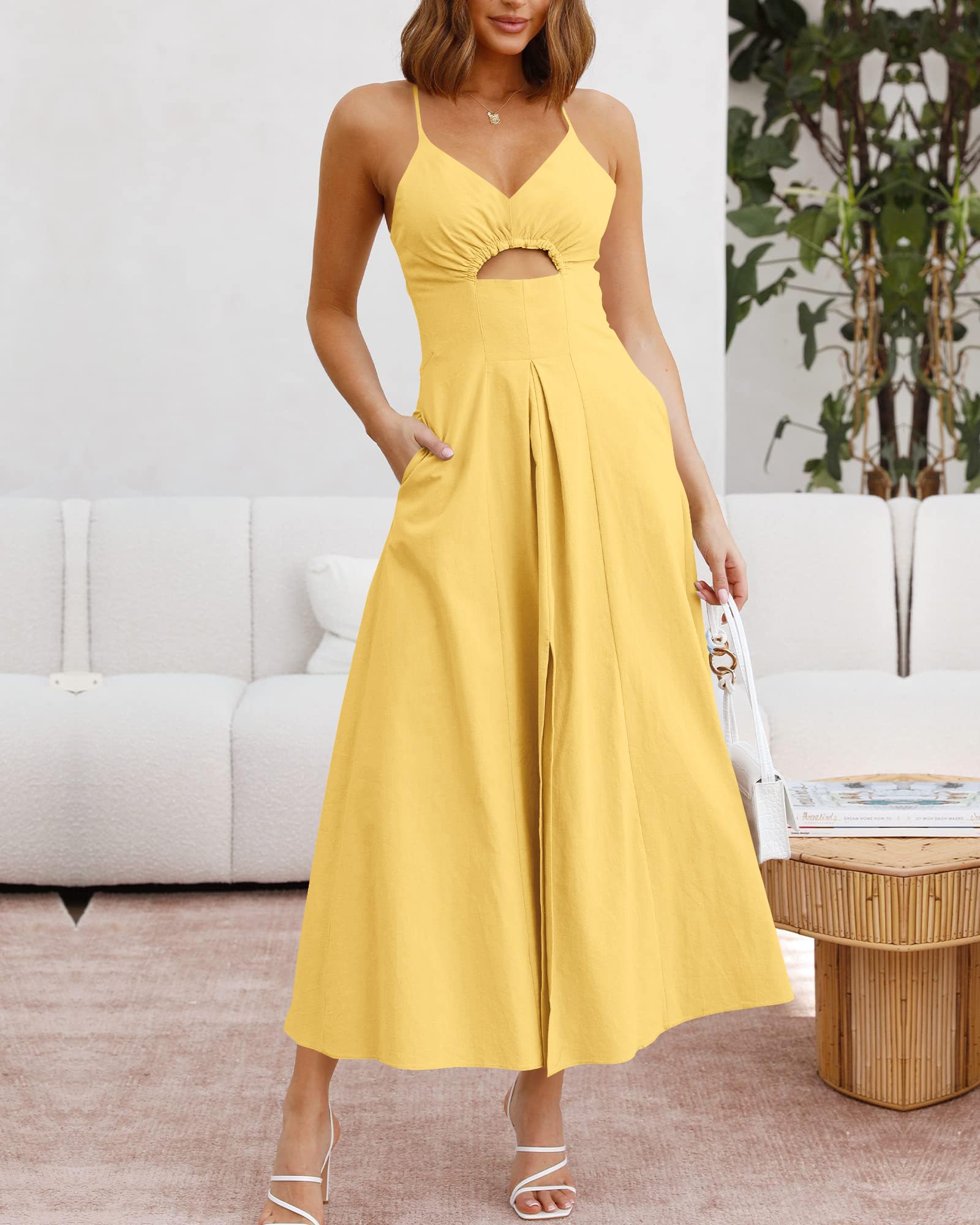 BTFBM Women 2026 Spaghetti Strap Midi Summer Dresses Sleeveless V Neck Cutout Slit Casual Beach Party Maxi Dress Pockets