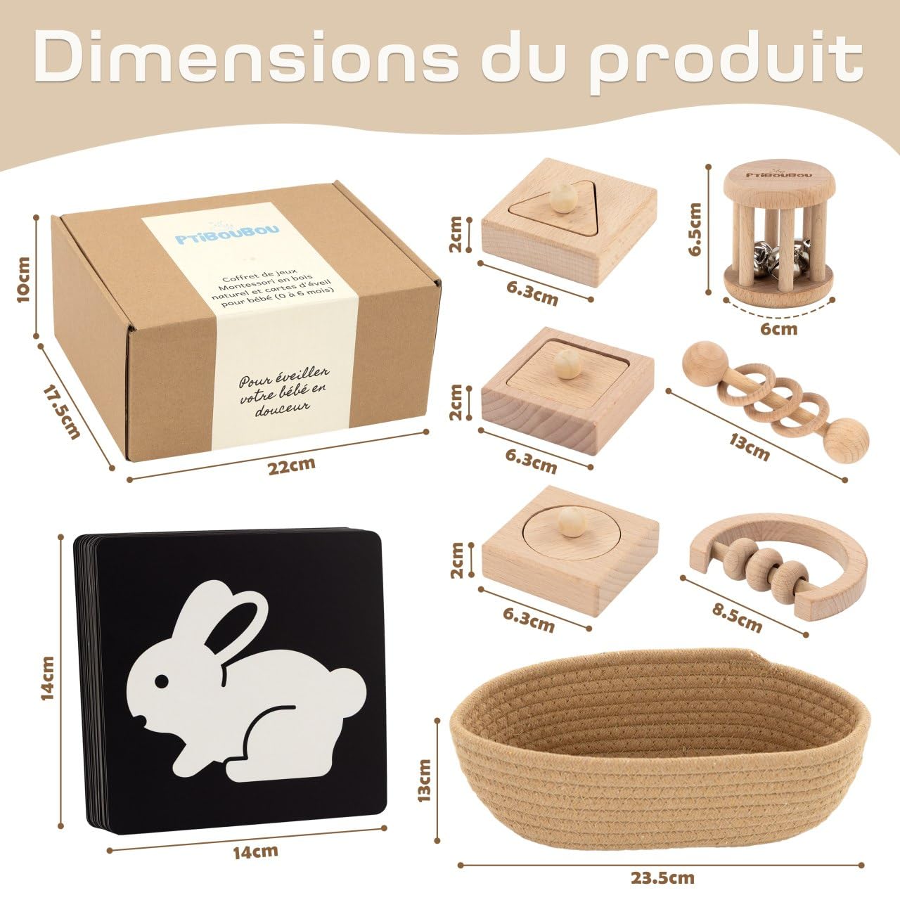 Kit jouet Montessori pour bébé avec Jouets d’Éveil en Bois Naturel, Cartes Visuelles Noir et Blanc, Panier en Coton Premium – Cadeau Naissance, Hochet Dentition, Développement Sensoriel