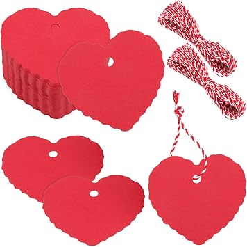 Anwyll 100Pcs Valentines Gift Tags - Heart Shape Gift Tags with String Red Heart Hanging Paper Tag Happy Valentines Galentines Heart Gift Tag for Present Baby Shower Birthday Party Wedding Favors