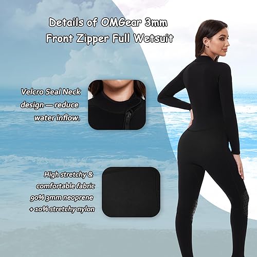 Vista 14 de OMGear Traje de neopreno para hombres y mujeres, 0.118 in, cuerpo completo, protección UV, una pieza, manga larga, trajes de buceo, traje de baño