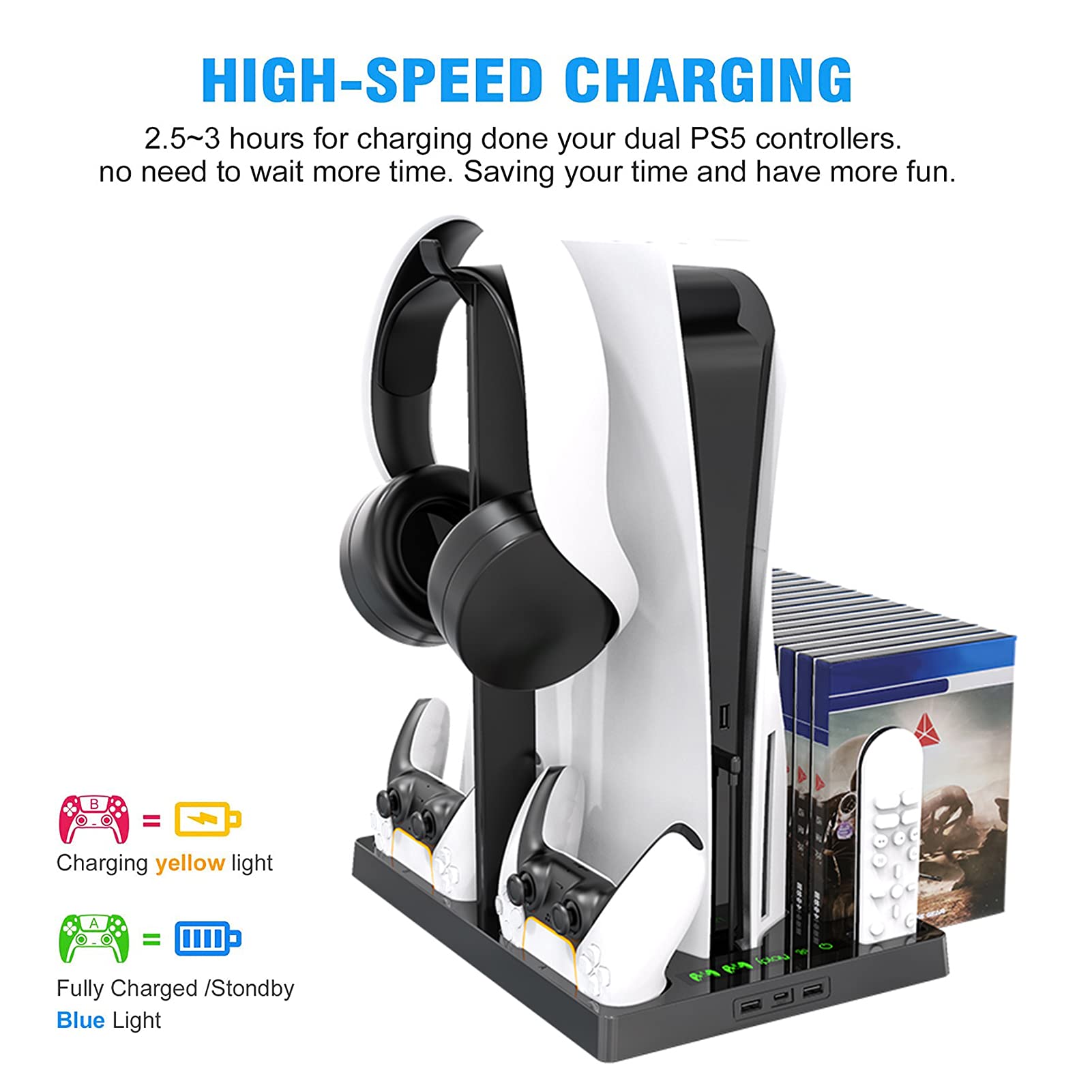 Soporte vertical con ventilador de refrigeración para PS5, puertos de cargador multifunción con soporte para auriculares y 15 estantes de juego para Playstation 5 (incluye 10 joysticks de pulgar Ps5)