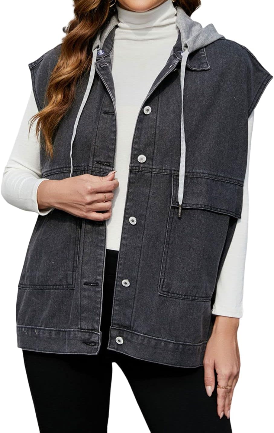 PAODIKUAI Women's Oversized Denim Vest Mid Long Jean Vest Sleeveless Jackets Distressed Vest Cotton