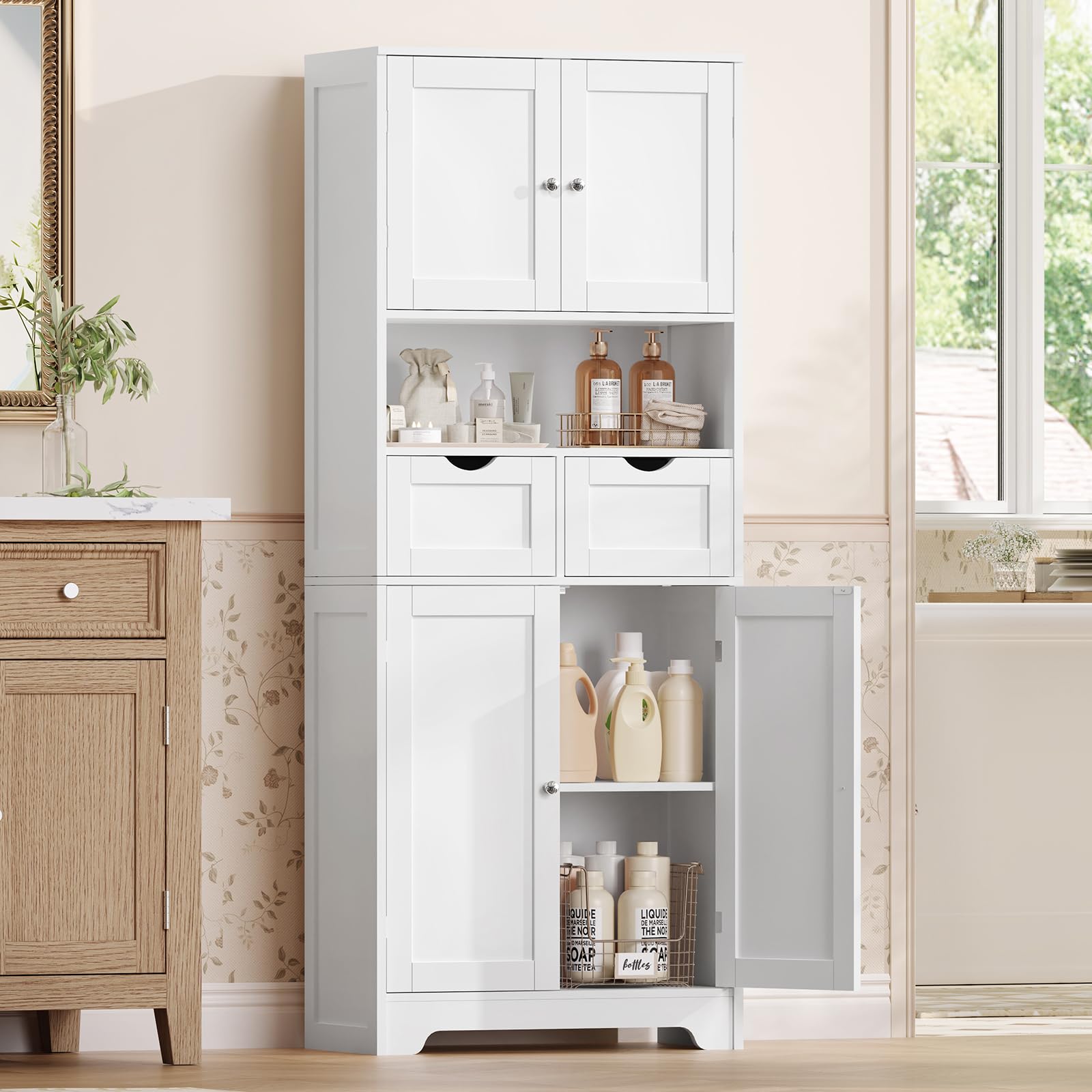 TEENFON Badezimmerschrank, Badschrank Hochschrank mit 4 Türen, 2 Schubladen & 2 Höhenverstellbaren Regalen - Weiß - 60 x 30 x 147cm - Für Flur, Wohnzimmer, Eingangsbereich
