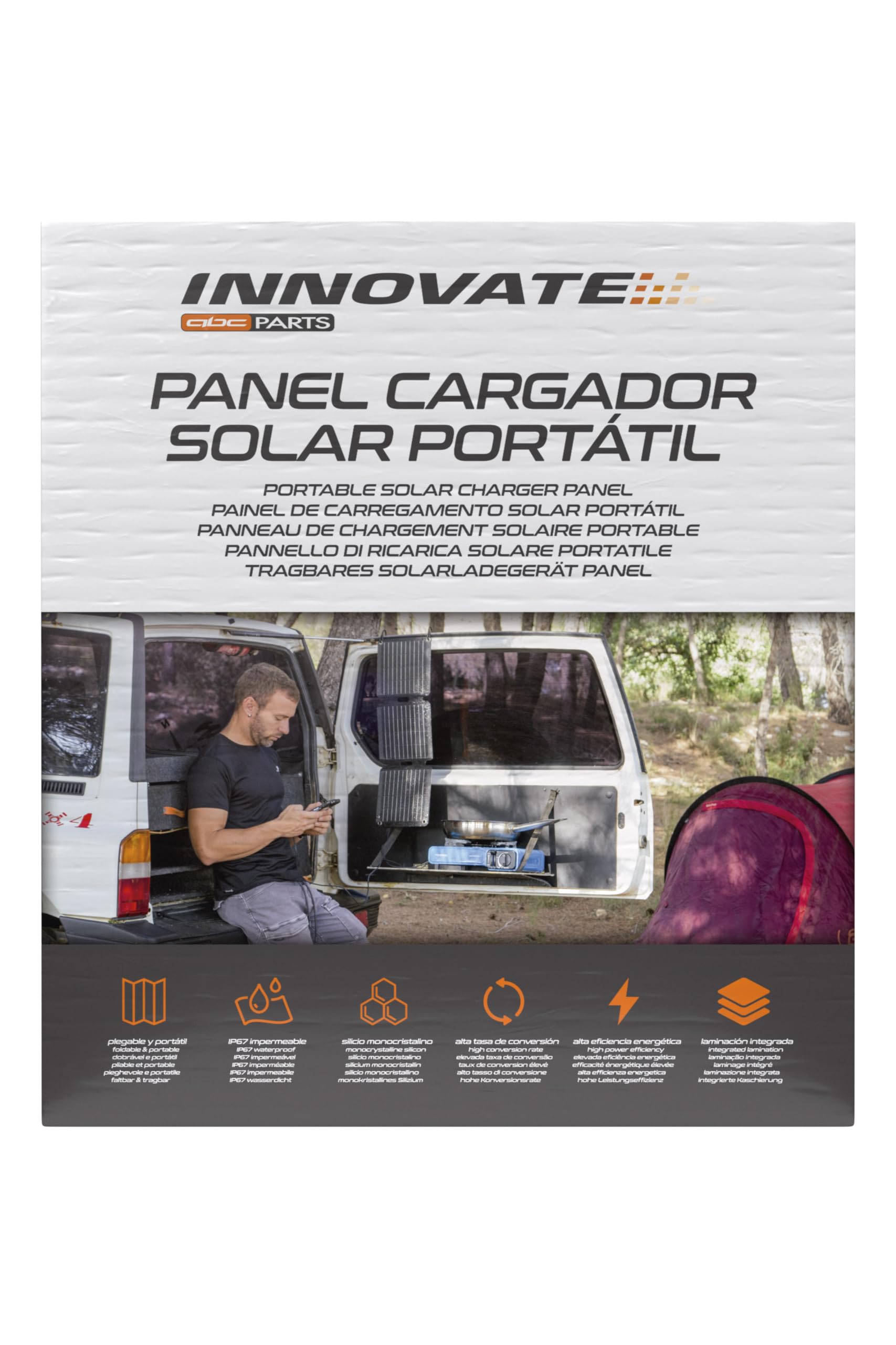 Innovate Panel Cargador Solar Portátil 21W 5V 3 Amp. Máx. con Conexión USB Tipo C-A. Placa Solar Plegable e Impermeable. Perfecto para Acampadas, Trekking, Senderismo, Playa, Montaña…
