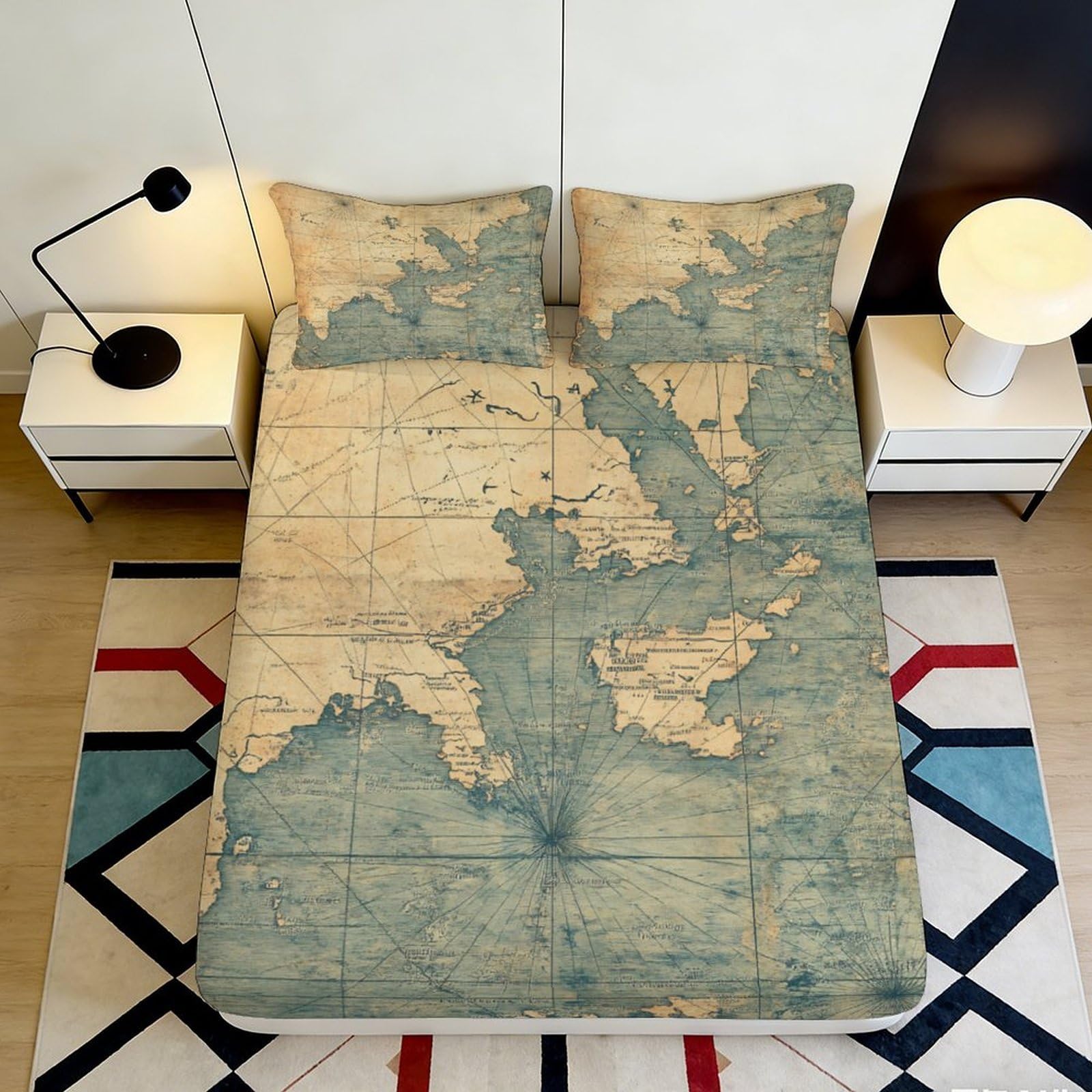 3D Printed Vintage World Map Fitted Sheet Microfiber Soft Breathable Ocean Continent Bed Cover Bedroom Home Decor 90x200x25cm
