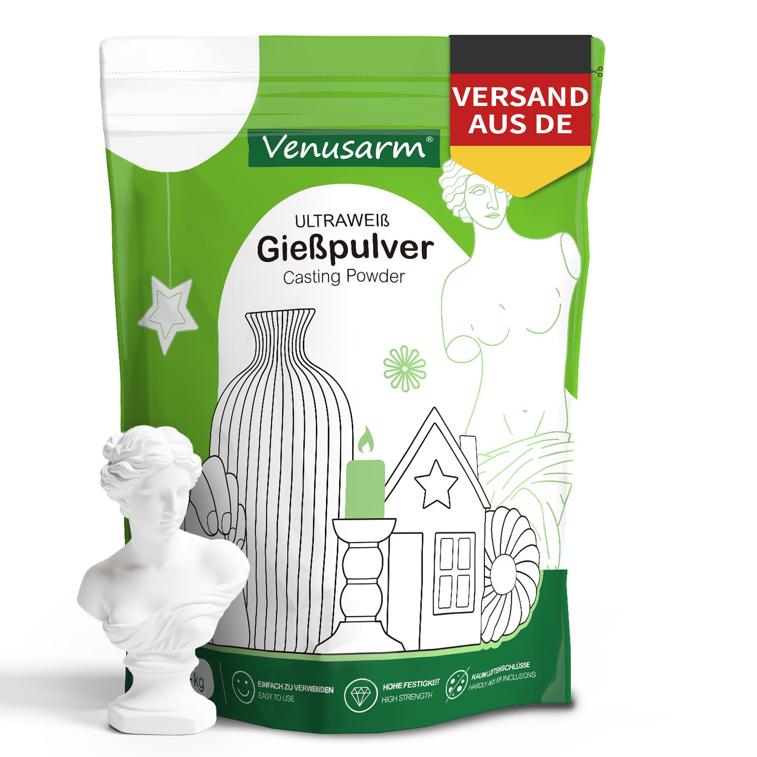 Venusarm Gießpulver Weiß 2,4kg, Gießpulver wie Neuschnee, Gießmasse wie Spiegel Glatter, Beruhigende Härte Gips zum Gießen für Detailgetreue Reliefs Kunsthandwerk Ornamente Gipsformen DIY