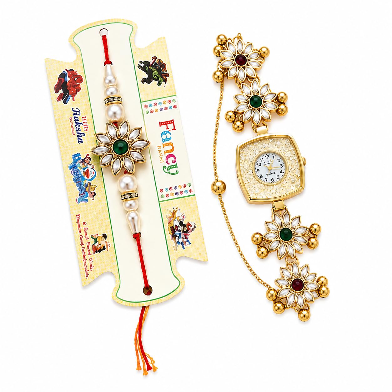 women's kashmiri style bracelet watch with matching rakhi combo, designer wrist watch, traditional festive gift set for raksha bandhan, celebration & special occasions