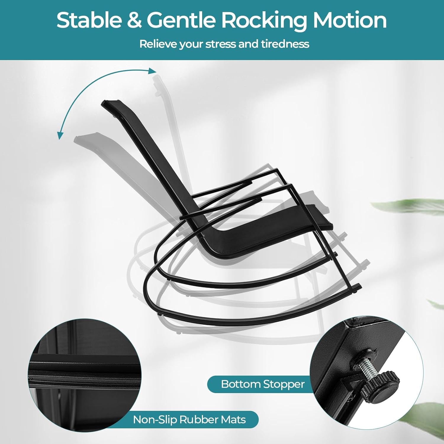 Tangkula Outdoor Rocking Chairs Set of 2, Patio Sling Fabric Rockers with Ergonomic Backrest & Seat, Safe Stoppers & Non-Slip Rubber Mats, Metal Frame Rockers for Backyard, Front Porch (Black)