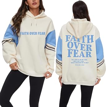 Womens Faith Over Fear Graphic Hoodie Christian Jesus Inspirational Sweatshirt Religious Sayings Pullover Tops