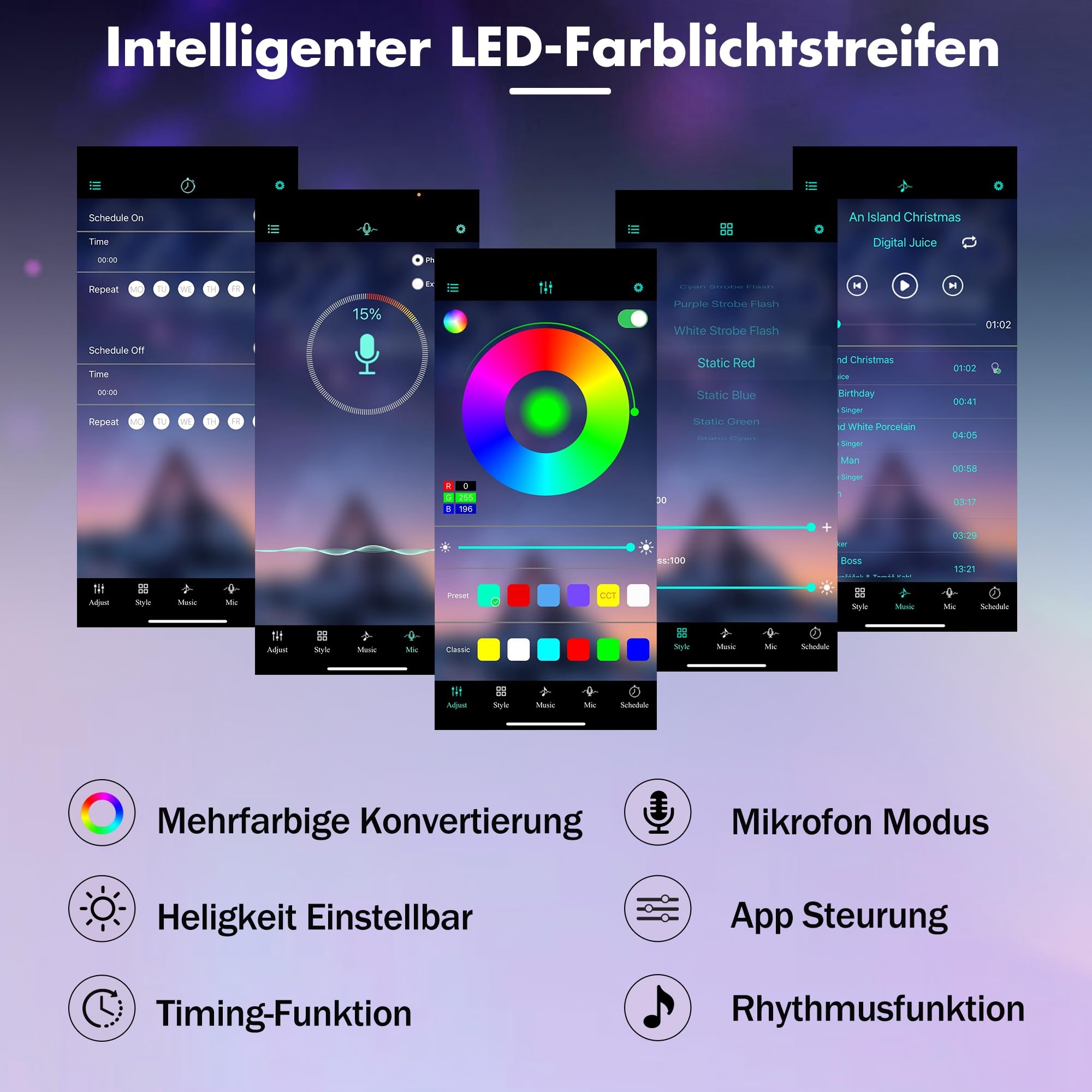 Küchenbuffet mit LED und Steckdosen, Schwarz | 120 x 40 x 180 cm | USB-A/USB-C | Gasdruckklappe | Verstellbare Böden