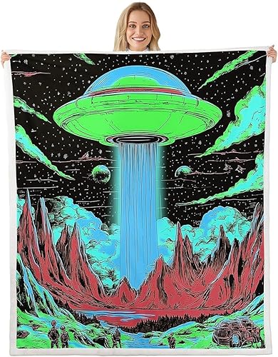 Miniatura 23 de Manta de franela de alienígena, misteriosa nave espacial estrellada con purpurina y planetas de cielo para decoración de habitaciones, manta