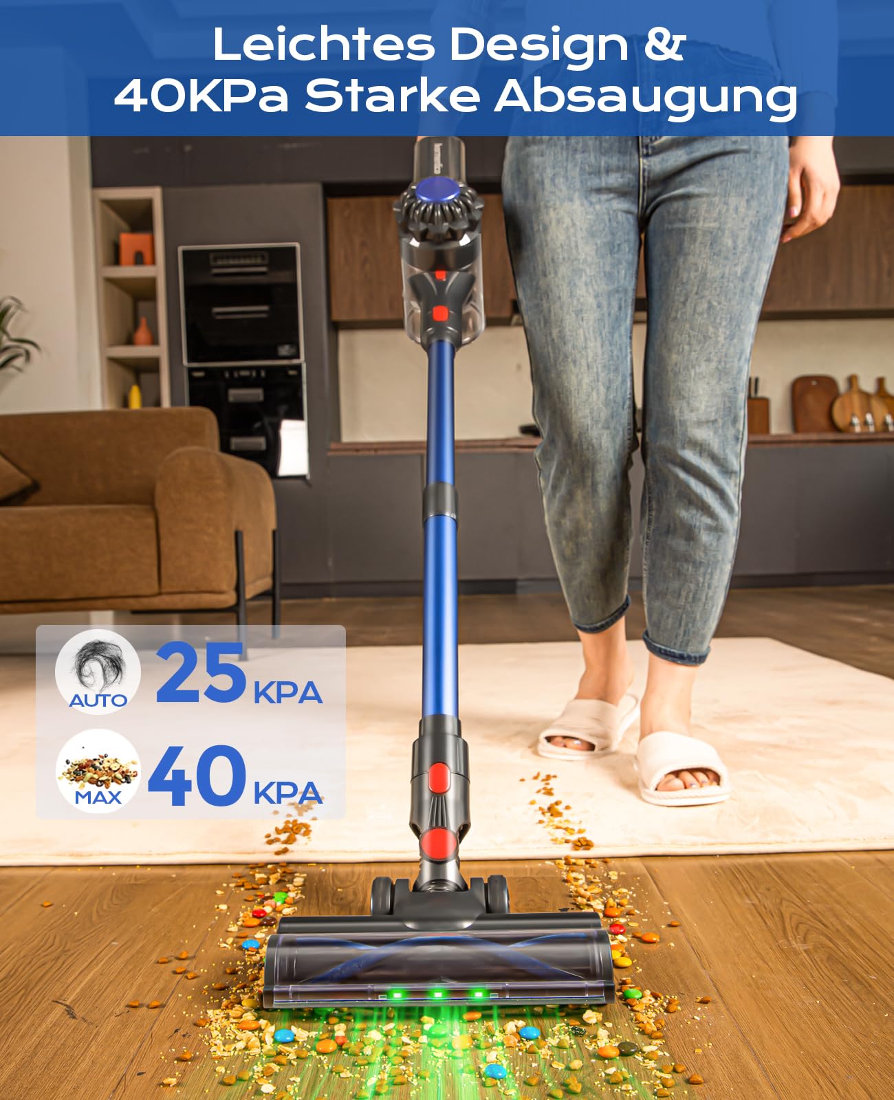 Akku Staubsauger Kabellos 50Mins/40KPA/450W, Akkustaubsauger mit Geen LED, Kabelloser Staubsauger mit Aufgerüstete Bodenbürste, Staubsauger Akku für Tierhaare, Blau
