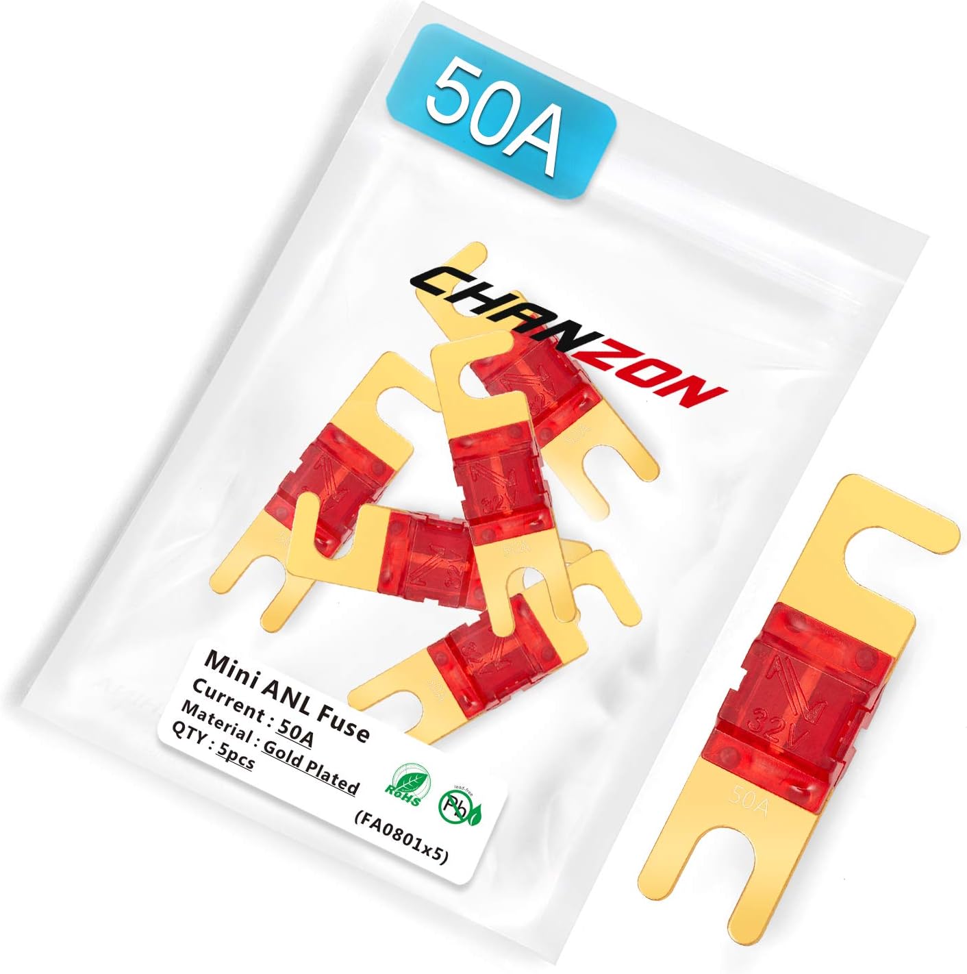 Chanzon 5Pcs 50A AFS Mini ANL (MANL) Fuse Color Coded Casing Gold Plated Fuses 32V 50 Amp