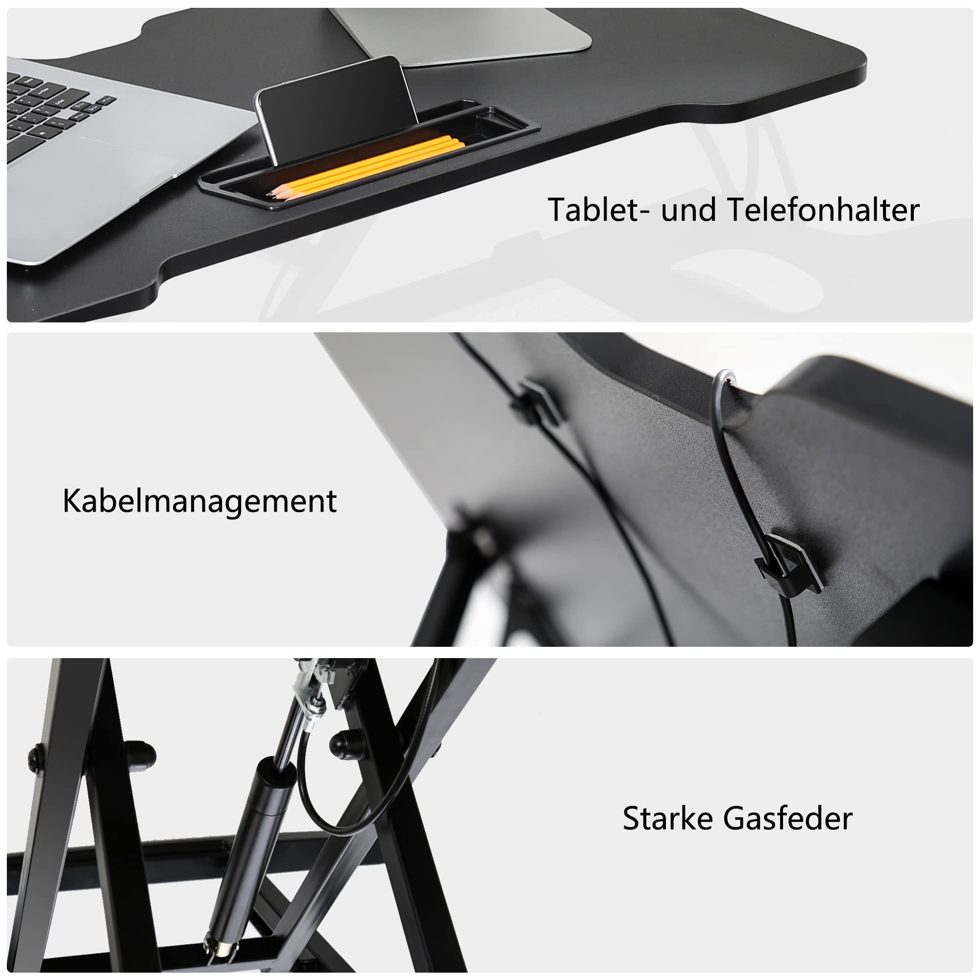Fenge Arbeitsplatz, höhenverstellbar, 80 x 40 cm, Sitz- und Stehschreibtisch, mit Tastaturablage, Ständer für Laptop, Monitor, PC, Schwarz