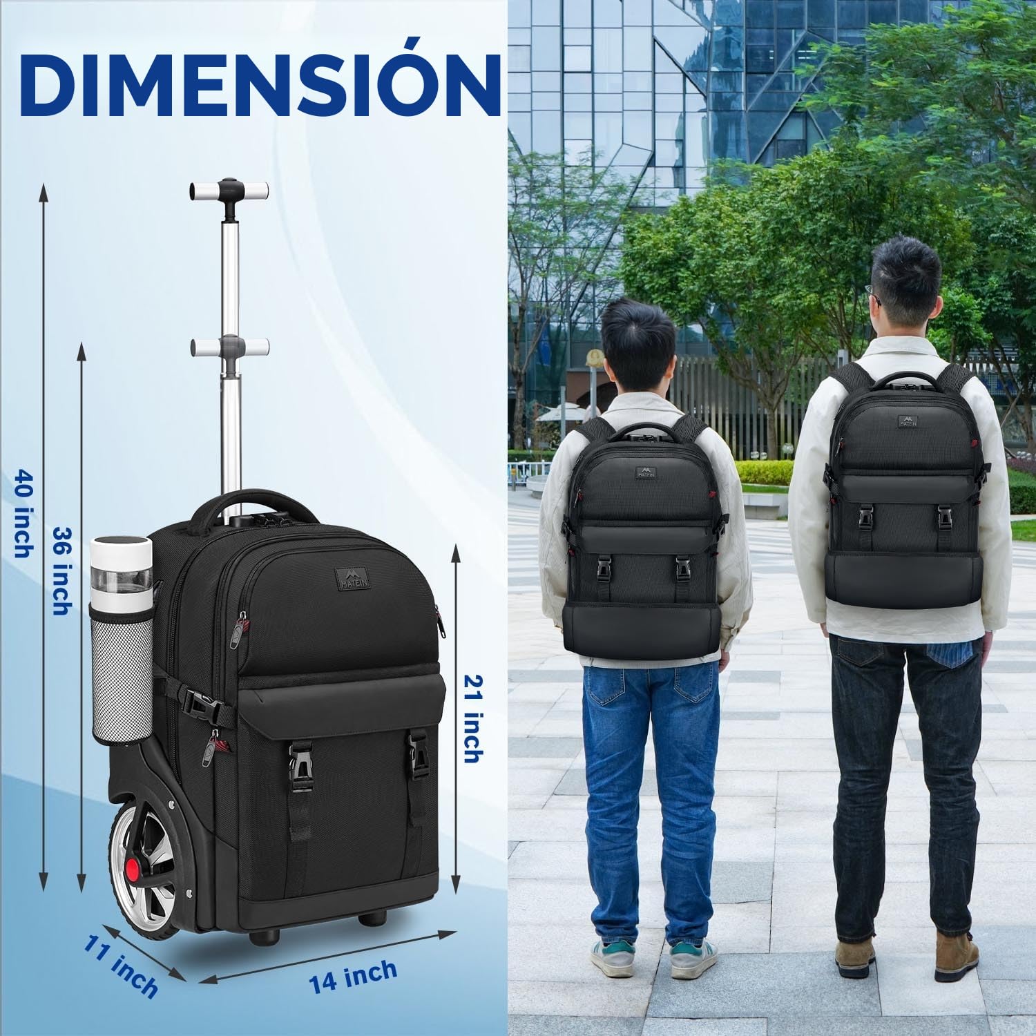 MATEIN Mochila con Rueda Adulto, Trolley con Ruedas Grande 50L Antirrobo Impermeable Hombre Maleta con Ruedas Ocultables y Compartimento Portatil 17 Pulgadas para Viaje, Trabajo, Universidad, Negro