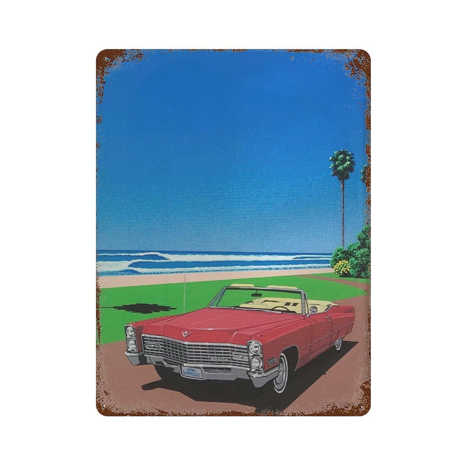 xiaoxiaoshen Red Convertible Cadillac. Hiroshi Nagai Japanese City Pop Wall Decor Art Metal Tin Poster Modern Home Decor Art Home Bar Shop Decorations Vintage Sign 40x30cm