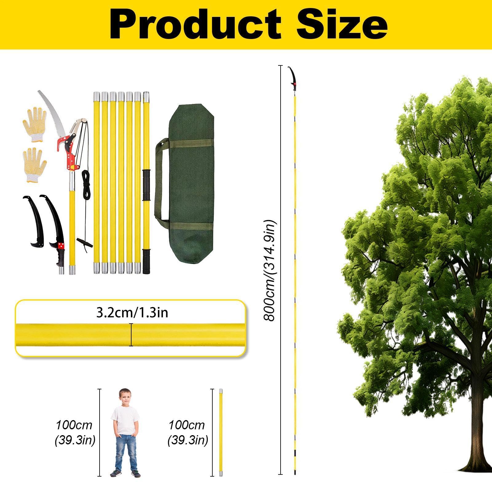 Scie à élaguer avec manche télescopique 3 en 1, 8 m, élagueuse et élagueuse avec câble à ressort | Scie légère pour l'entretien du jardin et l'élagage des arbres | Avec sac de transport et lame de